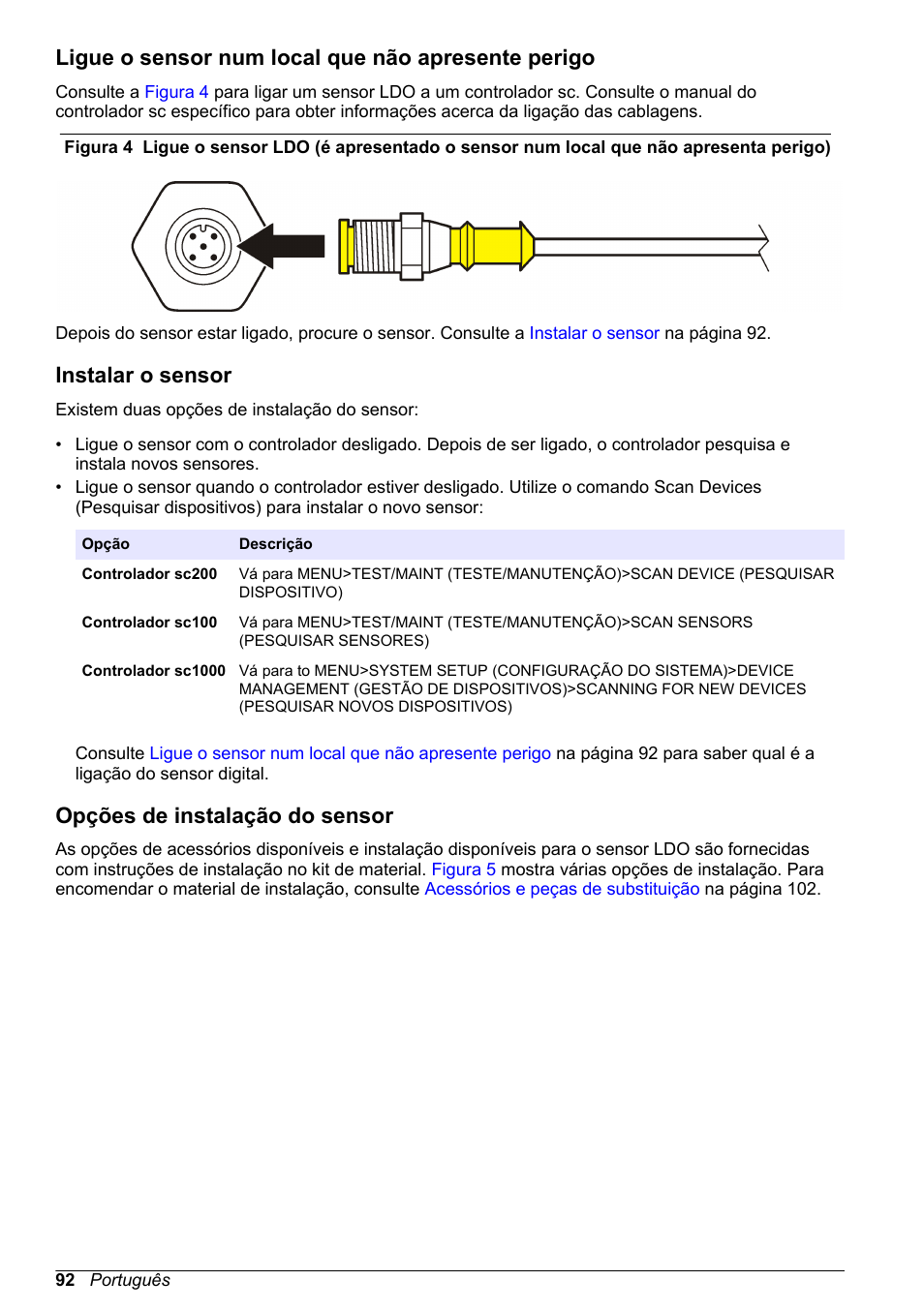 Ligue o sensor num local que não apresente perigo, Instalar o sensor, Opções de instalação do sensor | Hach-Lange LDO Sensor User Manual | Page 92 / 394