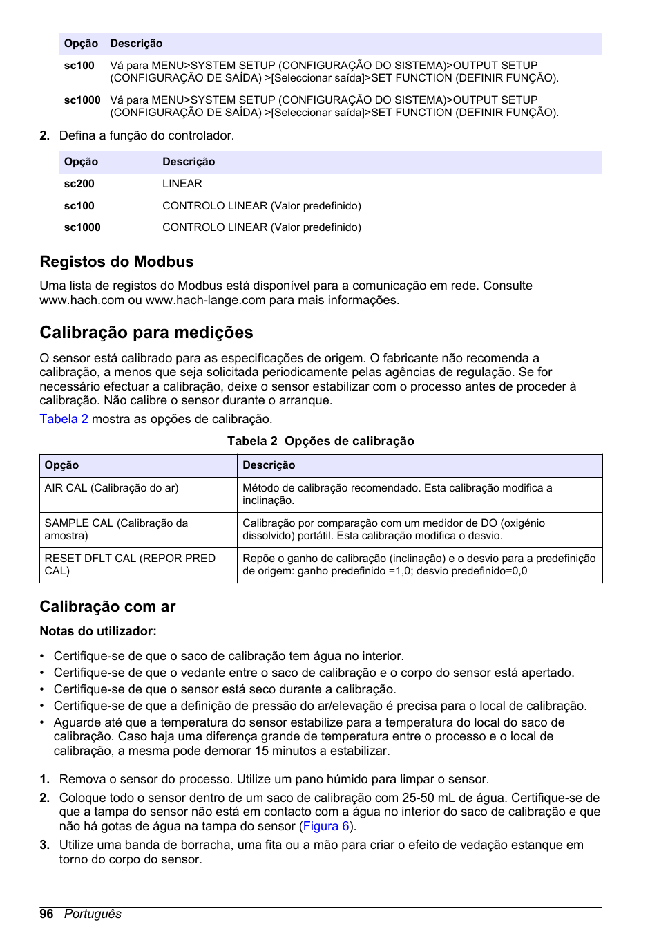 Registos do modbus, Calibração para medições, Calibração com ar | Hach-Lange LDO Sensor User Manual | Page 96 / 394