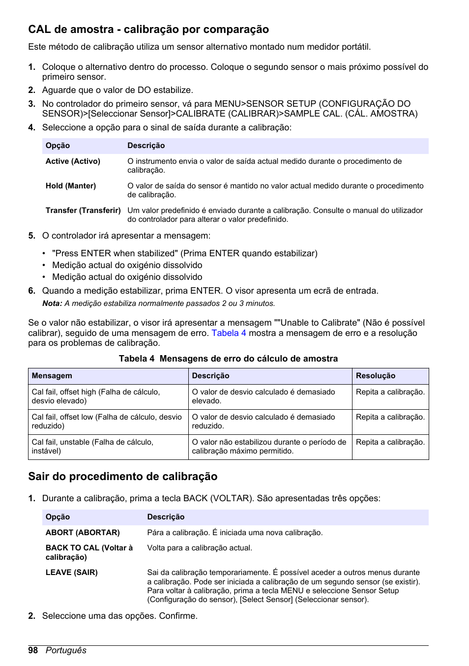 Cal de amostra - calibração por comparação, Sair do procedimento de calibração | Hach-Lange LDO Sensor User Manual | Page 98 / 394