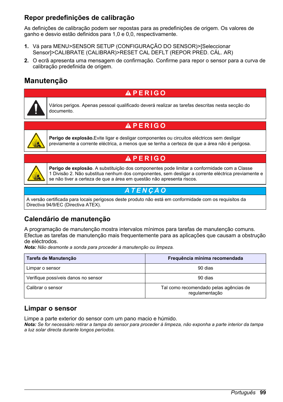 Repor predefinições de calibração, Manutenção, Calendário de manutenção | Limpar o sensor | Hach-Lange LDO Sensor User Manual | Page 99 / 394