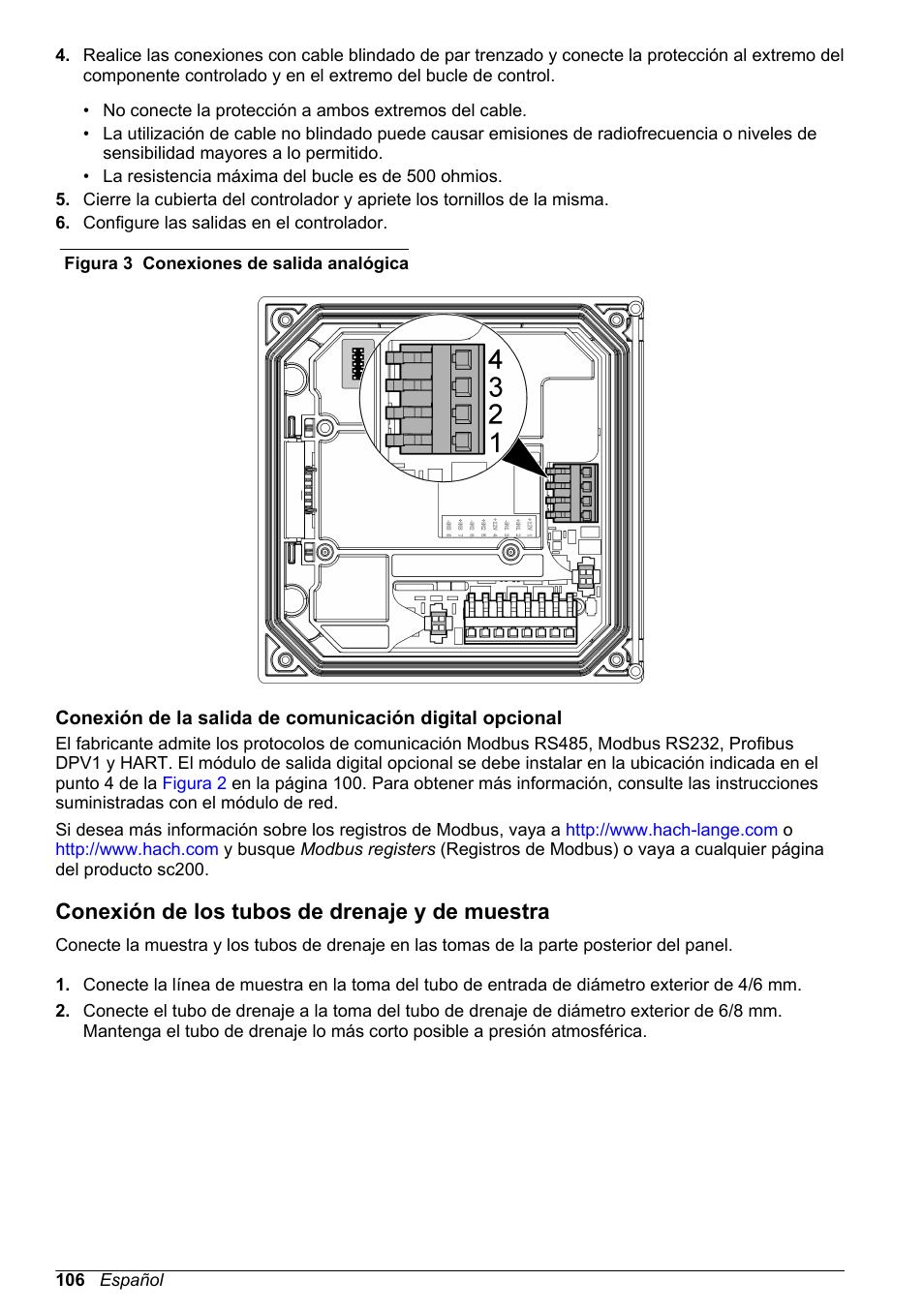 Conexión de los tubos de drenaje y de muestra, Figura 3 | Hach-Lange POLYMETRON 9586 User Manual | Page 106 / 252