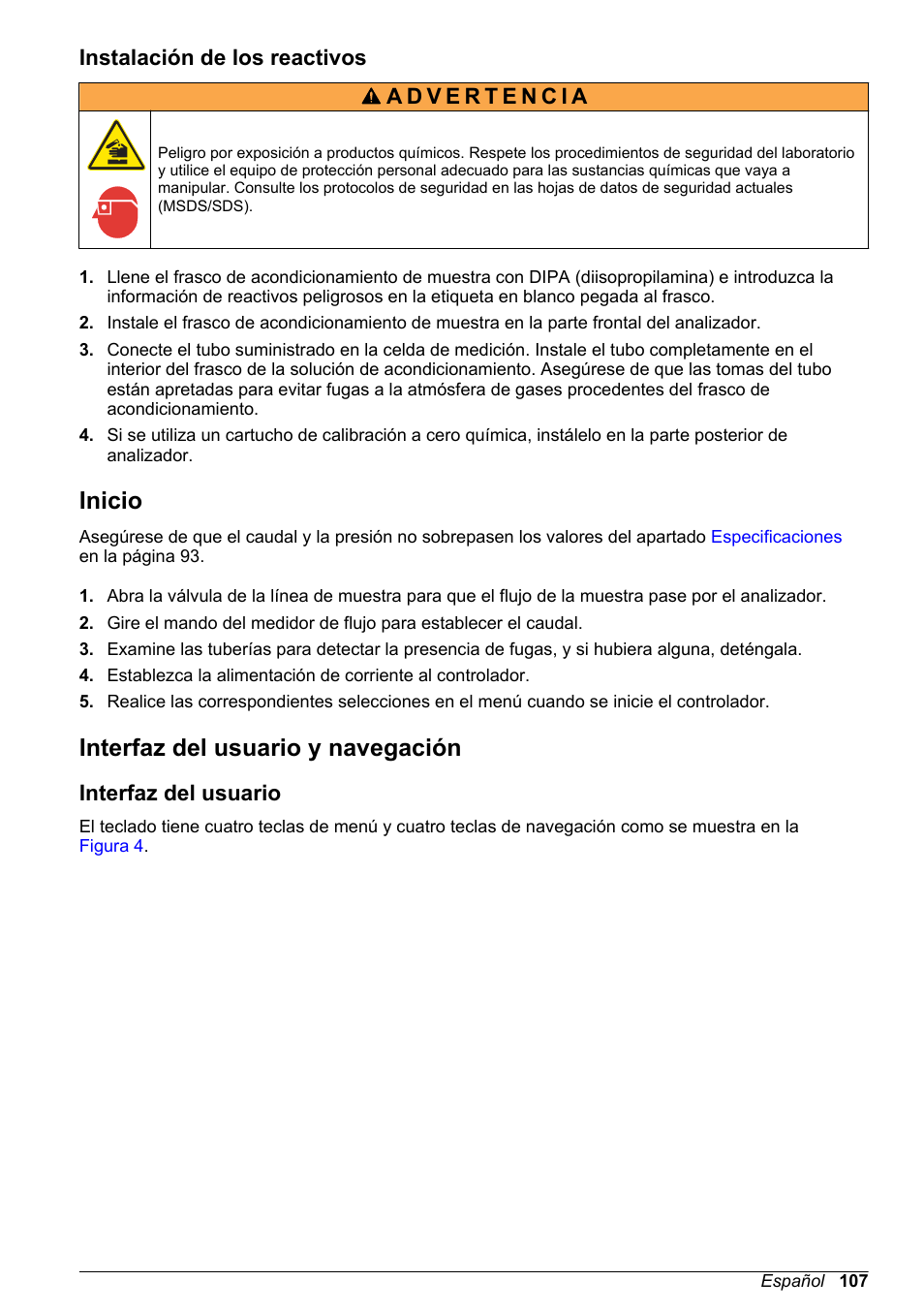 Instalación de los reactivos, Inicio, Interfaz del usuario y navegación | Interfaz del usuario | Hach-Lange POLYMETRON 9586 User Manual | Page 107 / 252