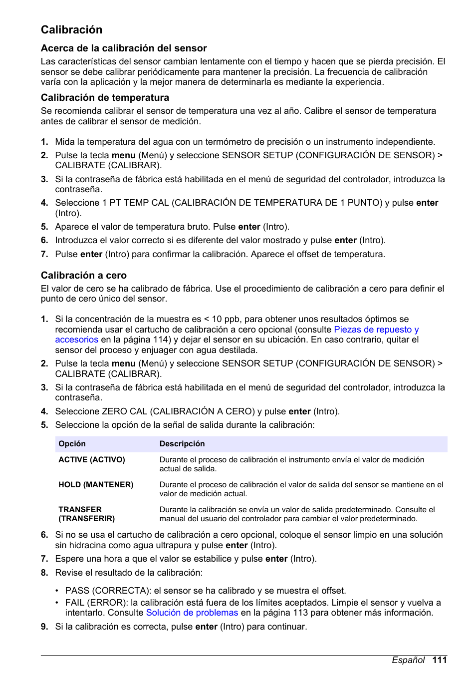 Calibración, Acerca de la calibración del sensor, Calibración de temperatura | Calibración a cero | Hach-Lange POLYMETRON 9586 User Manual | Page 111 / 252