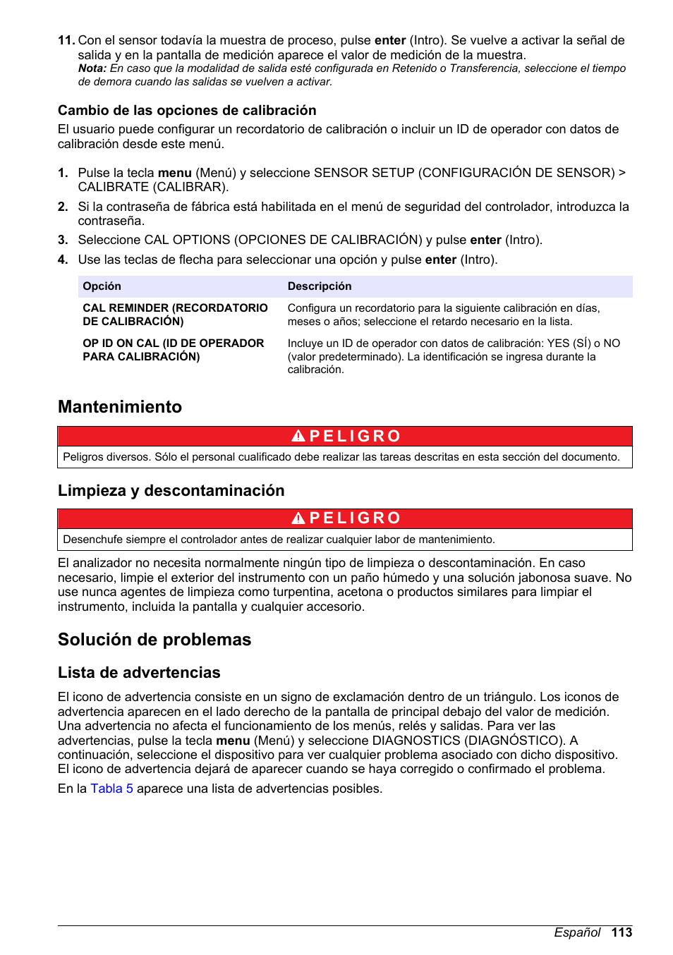Cambio de las opciones de calibración, Mantenimiento, Limpieza y descontaminación | Solución de problemas, Lista de advertencias, Intentarlo. consulte, Cambio de las, Opciones de calibración | Hach-Lange POLYMETRON 9586 User Manual | Page 113 / 252