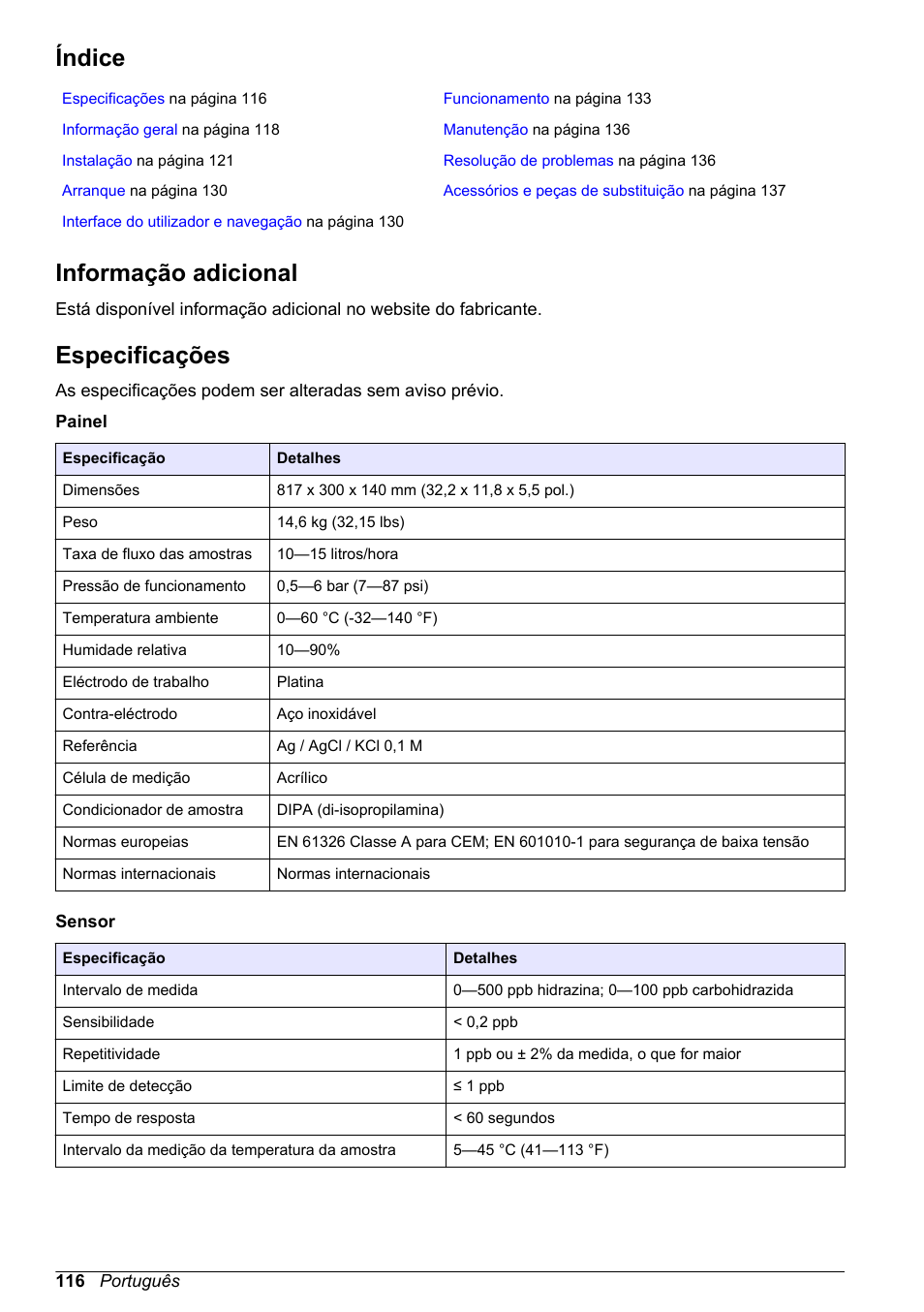 Manual de operações básicas, Índice, Informação adicional | Especificações, Português | Hach-Lange POLYMETRON 9586 User Manual | Page 116 / 252