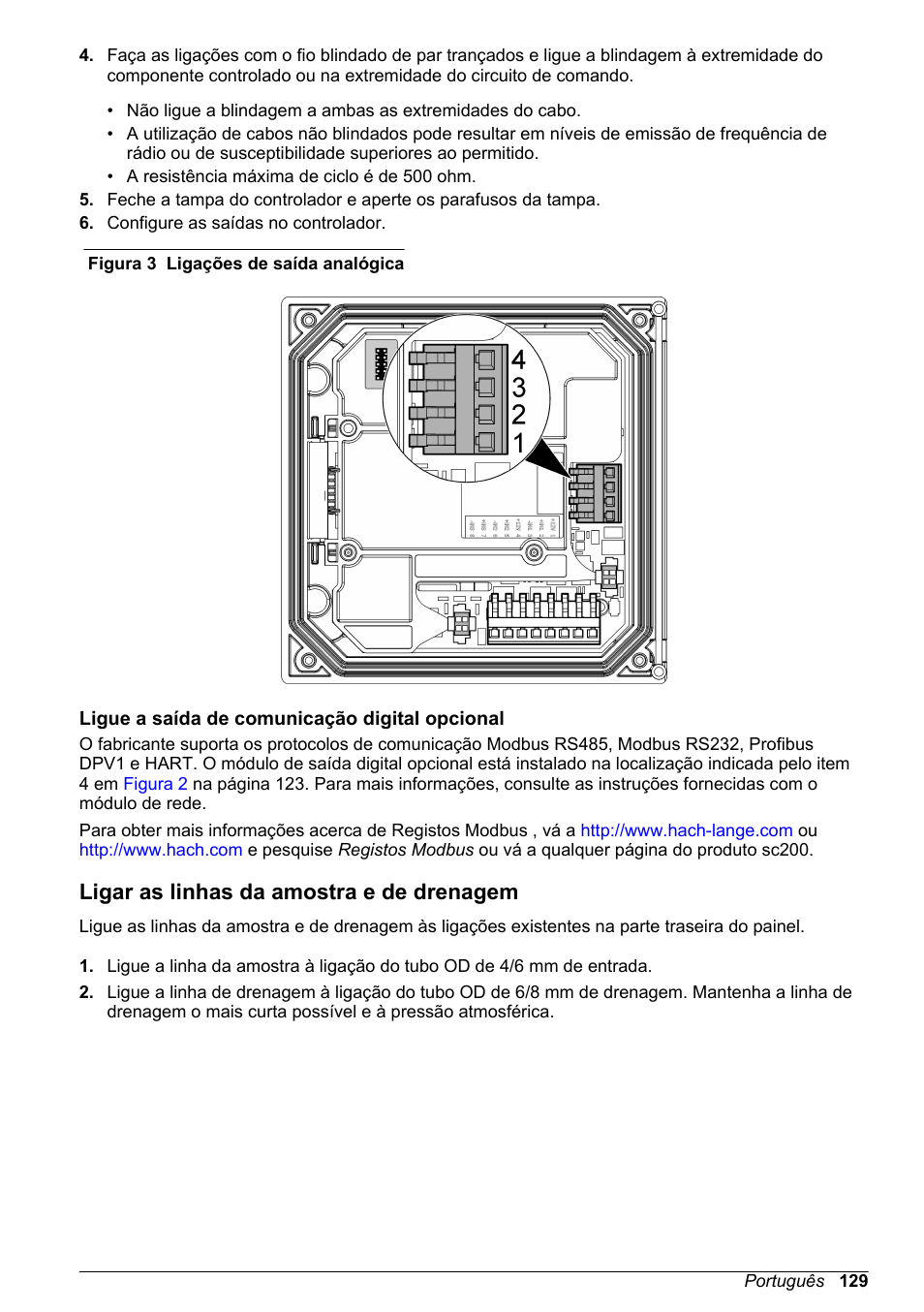 Ligue a saída de comunicação digital opcional, Ligar as linhas da amostra e de drenagem, Figura 3 | Nota | Hach-Lange POLYMETRON 9586 User Manual | Page 129 / 252