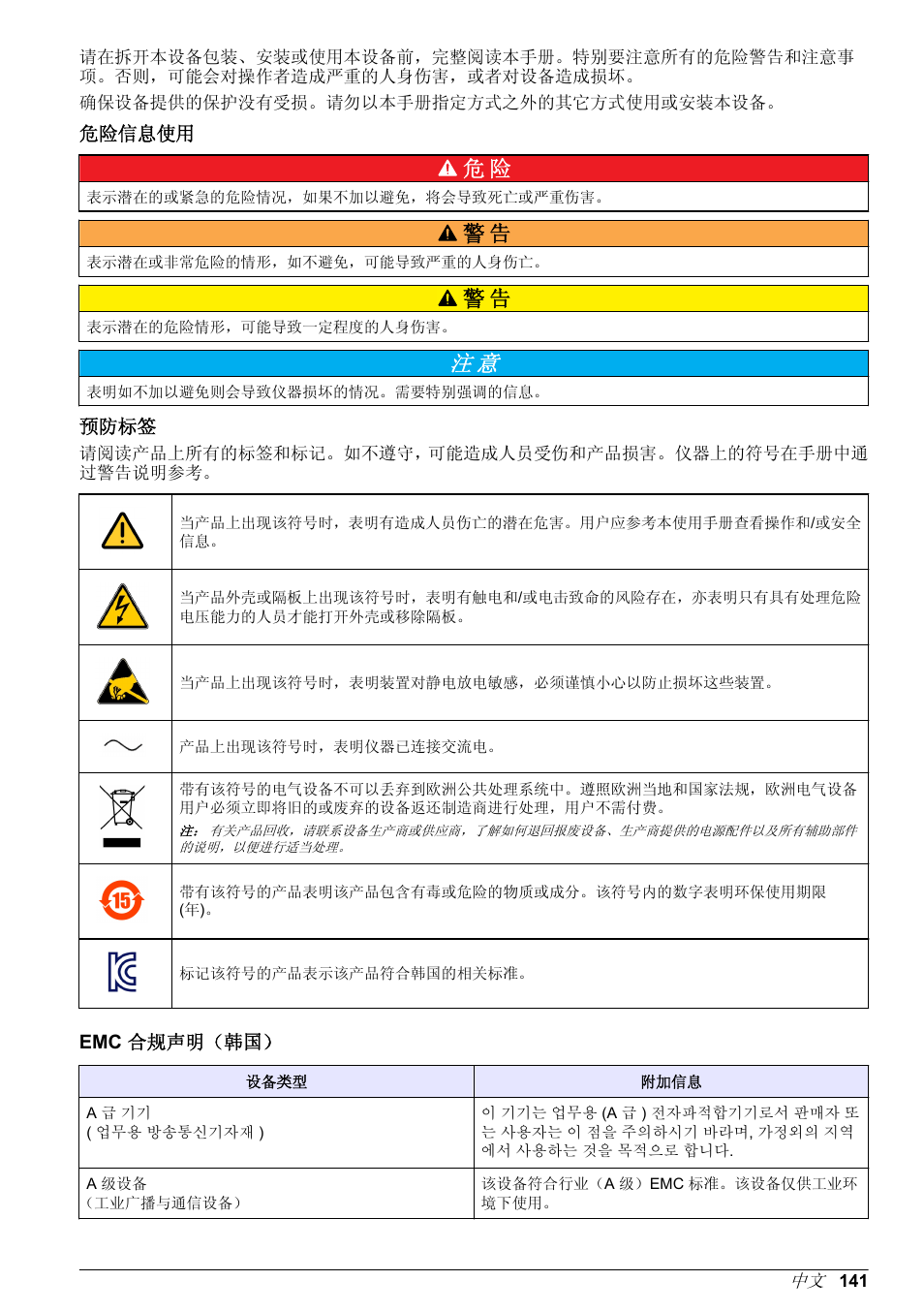 危险信息使用, 预防标签, Emc 合规声明（韩国 | Hach-Lange POLYMETRON 9586 User Manual | Page 141 / 252