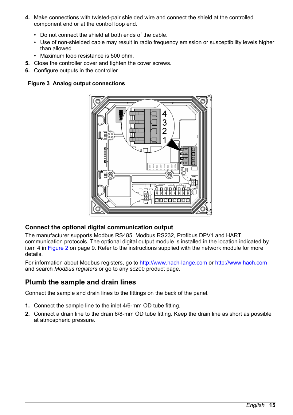 Connect the optional digital communication output, Plumb the sample and drain lines, Two isolated analog outputs (1 and 2) are provided | Figure 3, Note | Hach-Lange POLYMETRON 9586 User Manual | Page 15 / 252