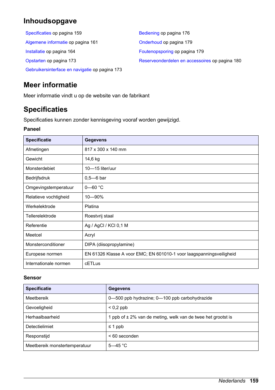 Basisgebruikershandleiding, Inhoudsopgave, Meer informatie | Specificaties, Nederlands | Hach-Lange POLYMETRON 9586 User Manual | Page 159 / 252