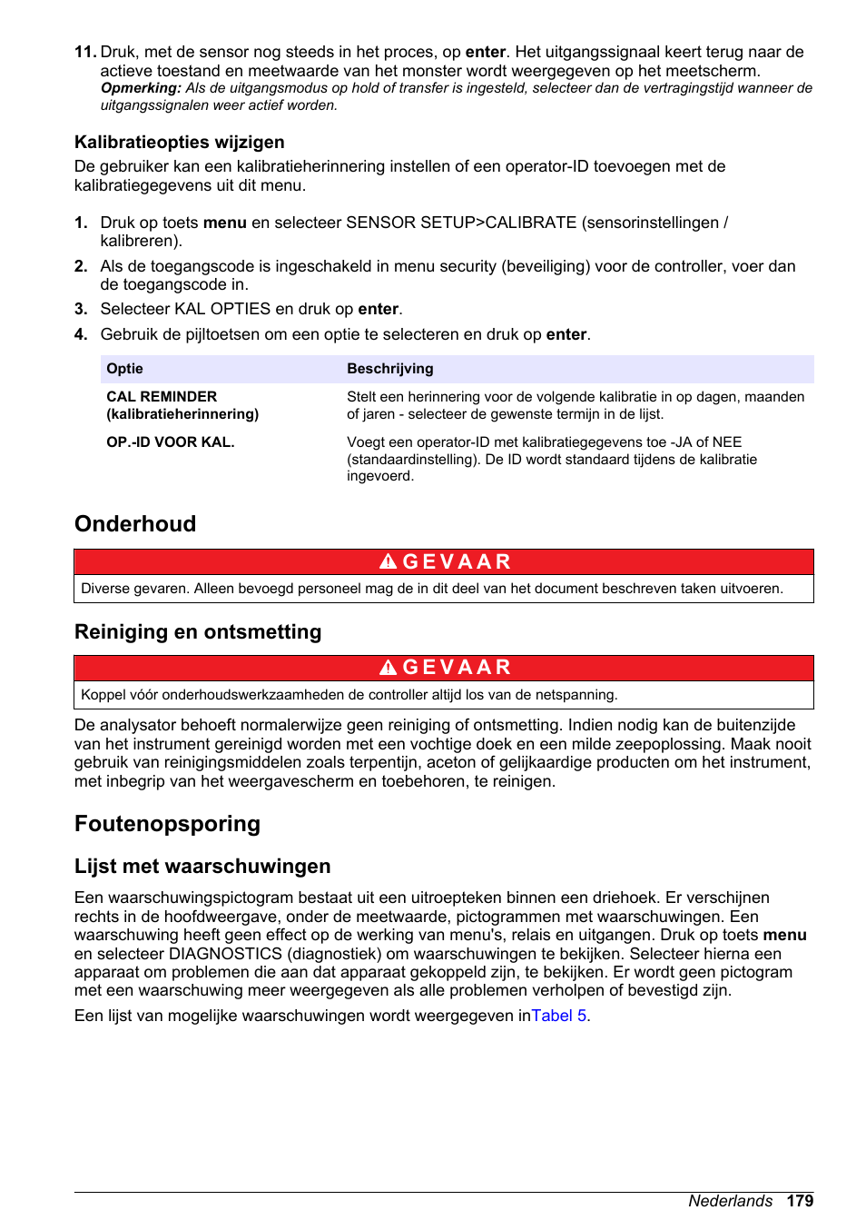 Kalibratieopties wijzigen, Onderhoud, Reiniging en ontsmetting | Foutenopsporing, Lijst met waarschuwingen, Moet een gebruikers-id ingevoerd worden. raadpleeg | Hach-Lange POLYMETRON 9586 User Manual | Page 179 / 252