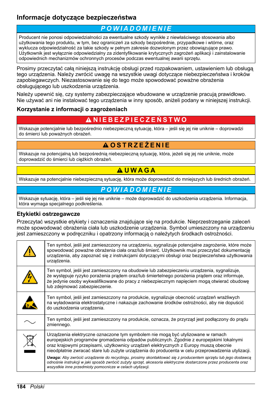 Informacje dotyczące bezpieczeństwa, Korzystanie z informacji o zagrożeniach, Etykietki ostrzegawcze | Hach-Lange POLYMETRON 9586 User Manual | Page 184 / 252