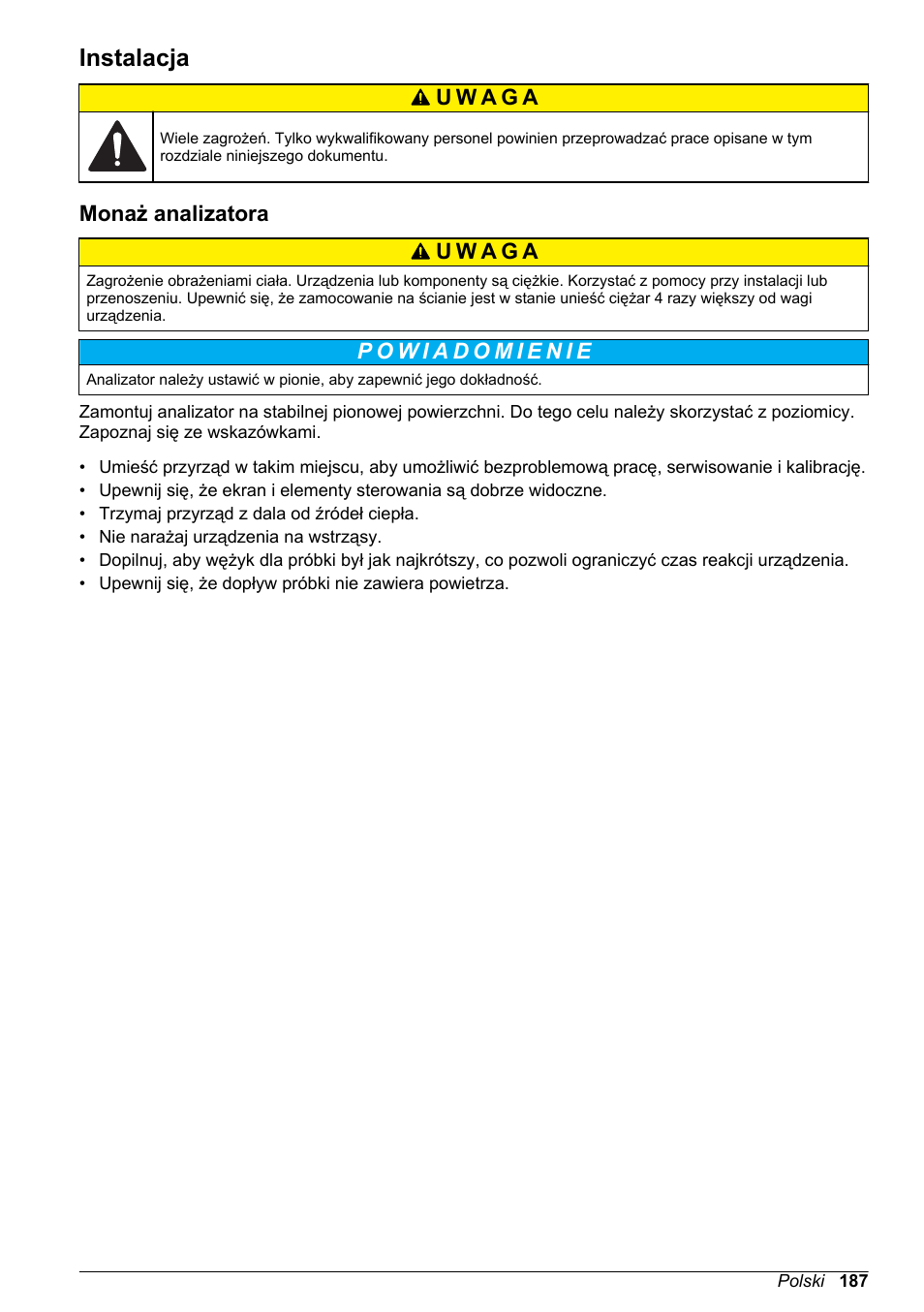 Instalacja, Monaż analizatora | Hach-Lange POLYMETRON 9586 User Manual | Page 187 / 252