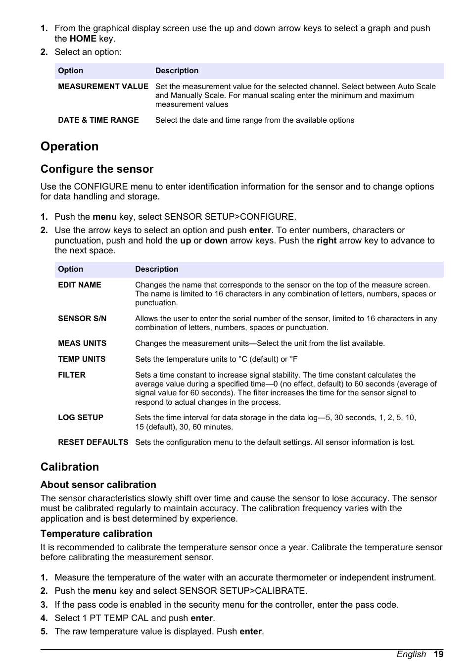 Operation, Configure the sensor, Calibration | About sensor calibration, Temperature calibration | Hach-Lange POLYMETRON 9586 User Manual | Page 19 / 252