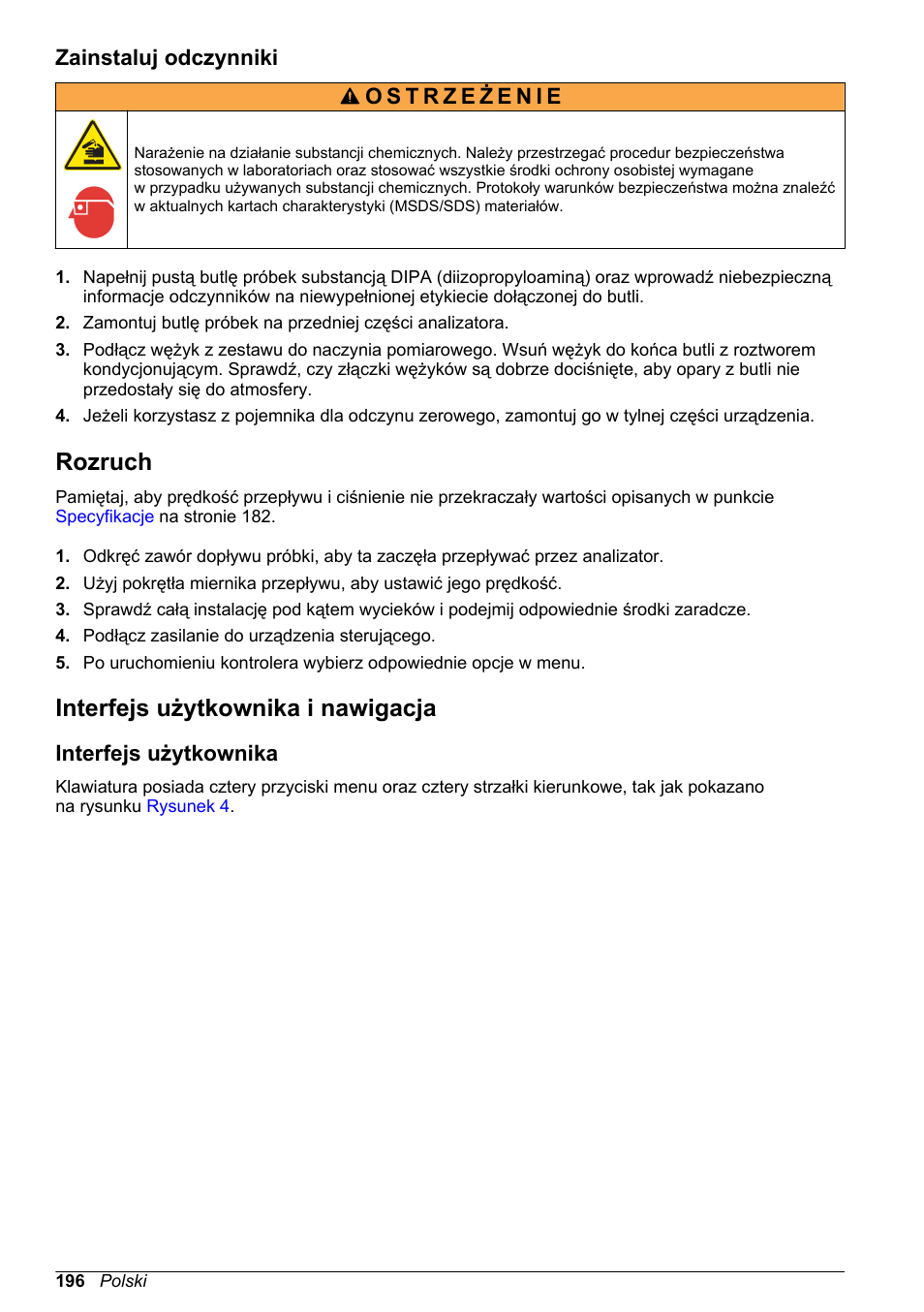 Zainstaluj odczynniki, Rozruch, Interfejs użytkownika i nawigacja | Interfejs użytkownika, Na stronie | Hach-Lange POLYMETRON 9586 User Manual | Page 196 / 252