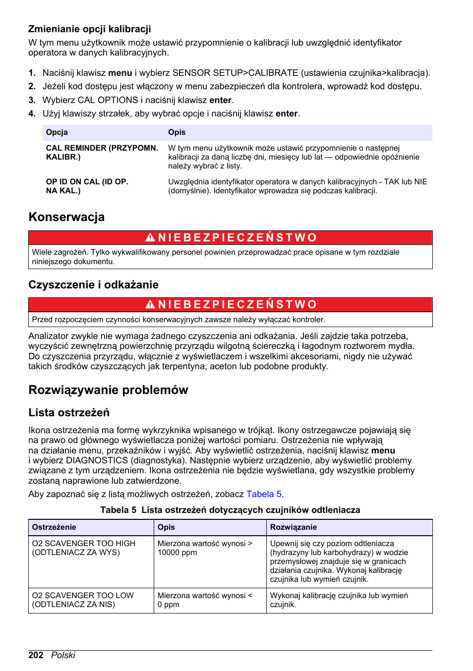Zmienianie opcji kalibracji, Konserwacja, Czyszczenie i odkażanie | Rozwiązywanie problemów, Lista ostrzeżeń, Na stronie, Ponownie. zobacz | Hach-Lange POLYMETRON 9586 User Manual | Page 202 / 252
