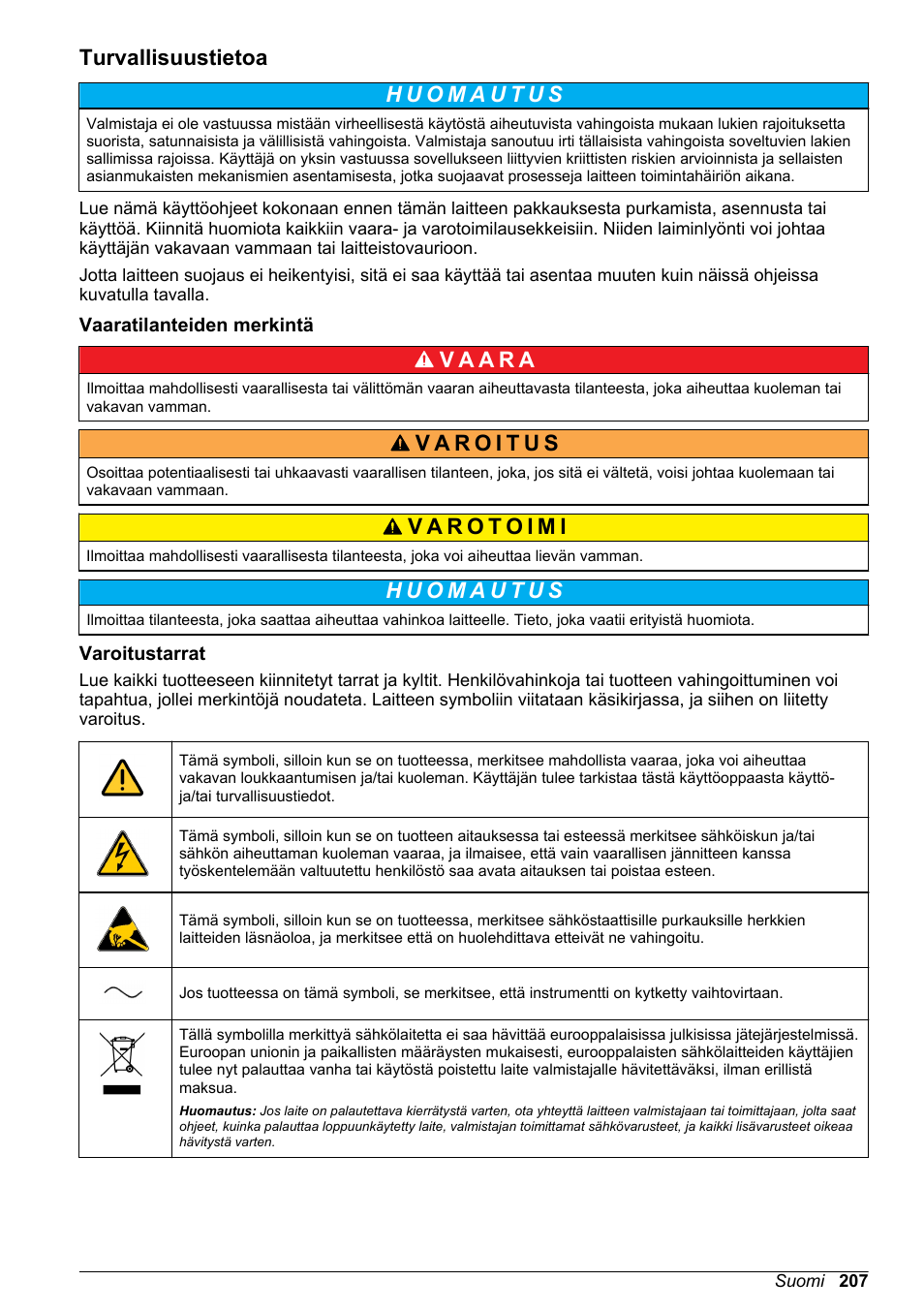 Turvallisuustietoa, Vaaratilanteiden merkintä, Varoitustarrat | Hach-Lange POLYMETRON 9586 User Manual | Page 207 / 252