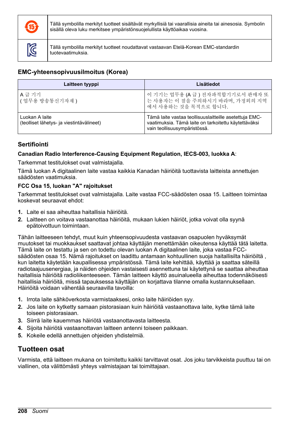 Emc-yhteensopivuusilmoitus (korea), Sertifiointi, Tuotteen osat | Hach-Lange POLYMETRON 9586 User Manual | Page 208 / 252