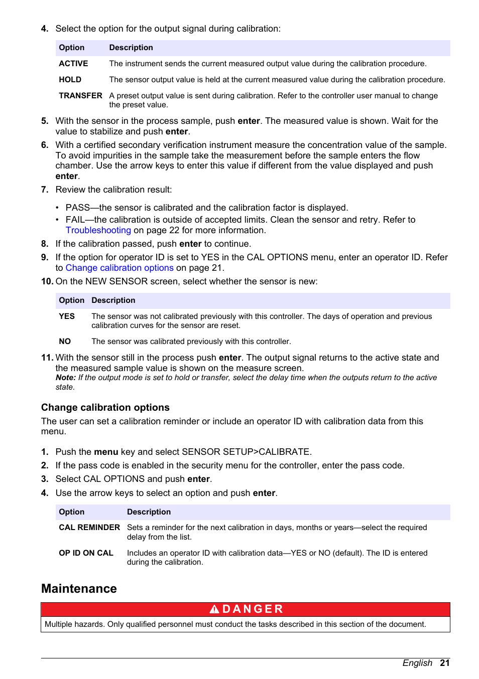 Change calibration options, Maintenance | Hach-Lange POLYMETRON 9586 User Manual | Page 21 / 252