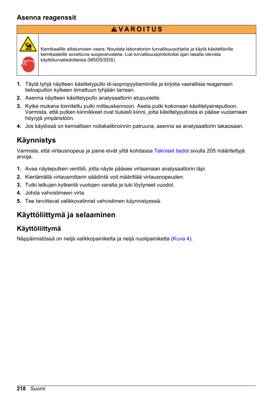 Asenna reagenssit, Käynnistys, Käyttöliittymä ja selaaminen | Käyttöliittymä, Sivulla | Hach-Lange POLYMETRON 9586 User Manual | Page 218 / 252