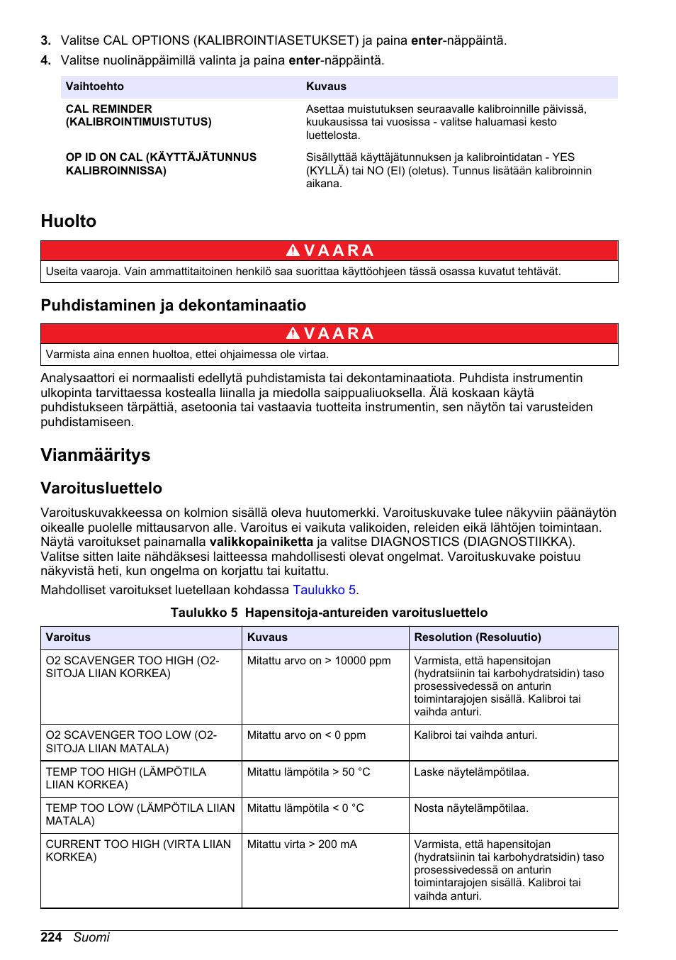 Huolto, Puhdistaminen ja dekontaminaatio, Vianmääritys | Varoitusluettelo, Sivulla, Yritä uudelleen. lisätietoa saa kohdasta | Hach-Lange POLYMETRON 9586 User Manual | Page 224 / 252