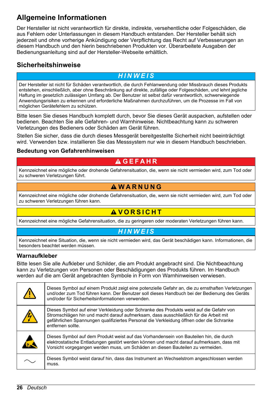 Allgemeine informationen, Sicherheitshinweise, Bedeutung von gefahrenhinweisen | Warnaufkleber | Hach-Lange POLYMETRON 9586 User Manual | Page 26 / 252