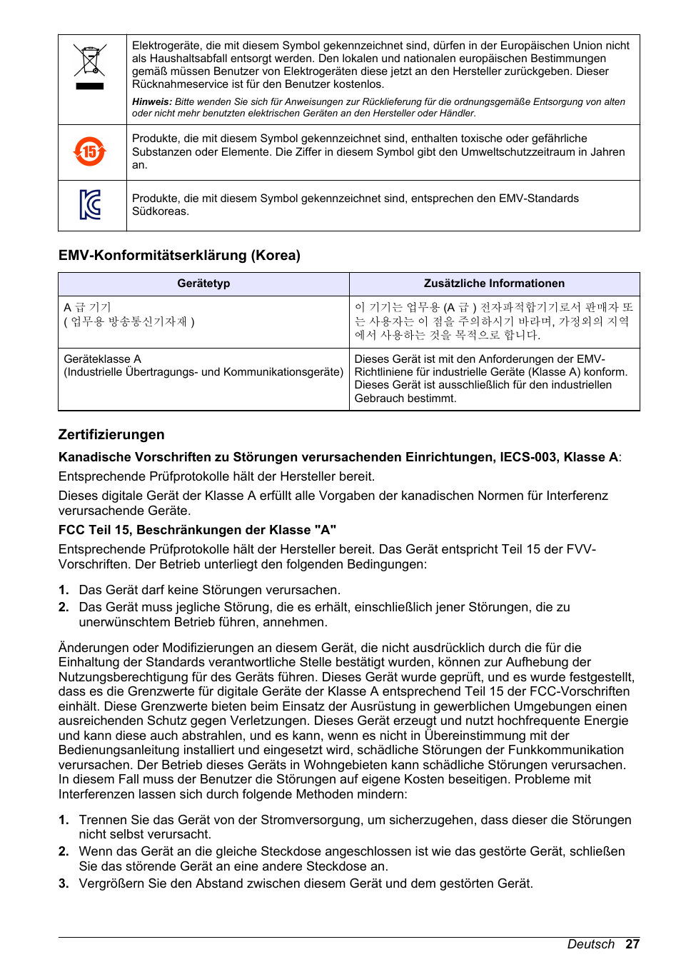 Emv-konformitätserklärung (korea), Zertifizierungen | Hach-Lange POLYMETRON 9586 User Manual | Page 27 / 252