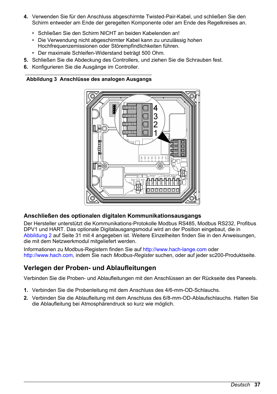 Verlegen der proben- und ablaufleitungen, Abbildung 3, Hinweis | Hach-Lange POLYMETRON 9586 User Manual | Page 37 / 252