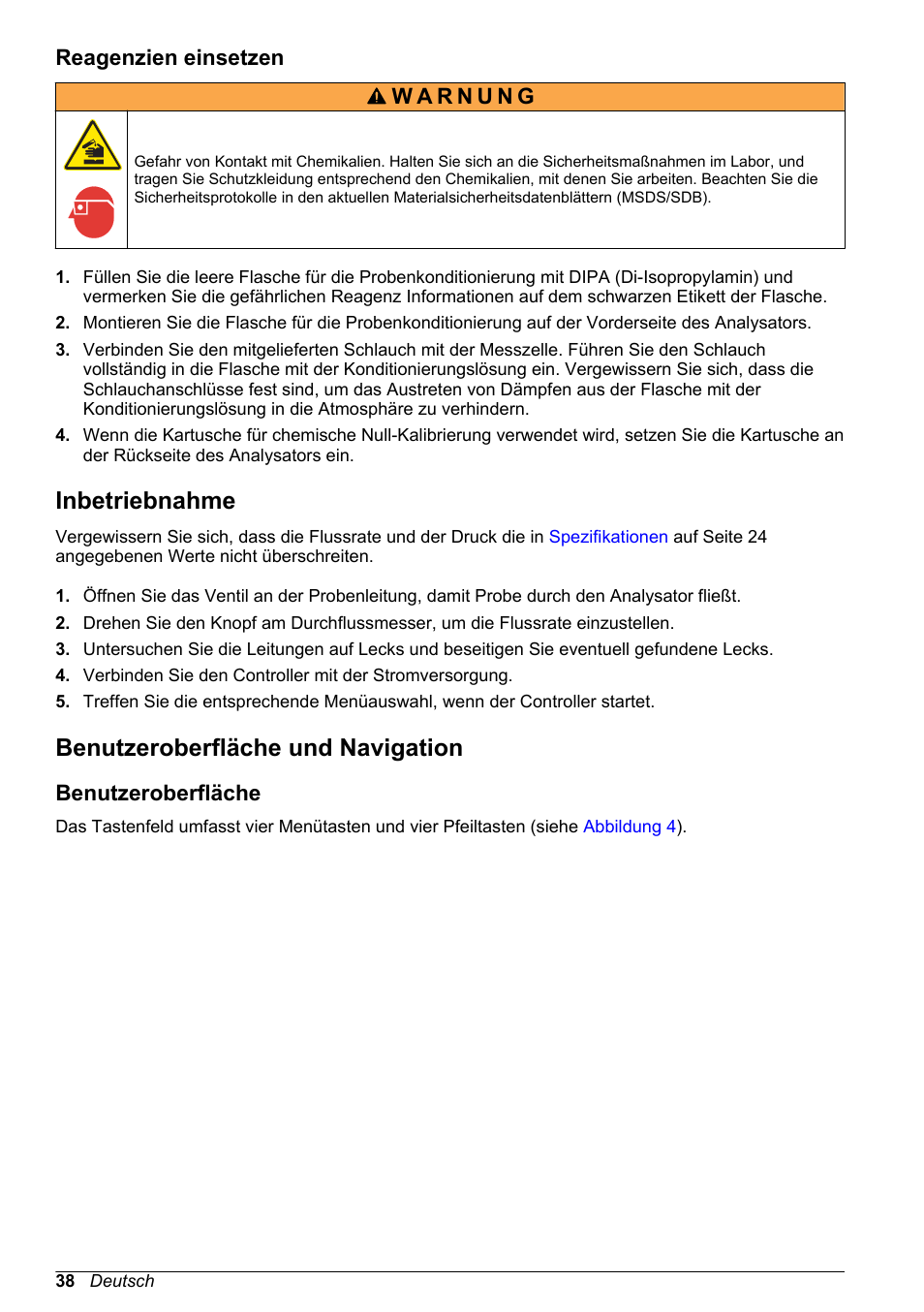 Reagenzien einsetzen, Inbetriebnahme, Benutzeroberfläche und navigation | Benutzeroberfläche, Auf seite 38 | Hach-Lange POLYMETRON 9586 User Manual | Page 38 / 252