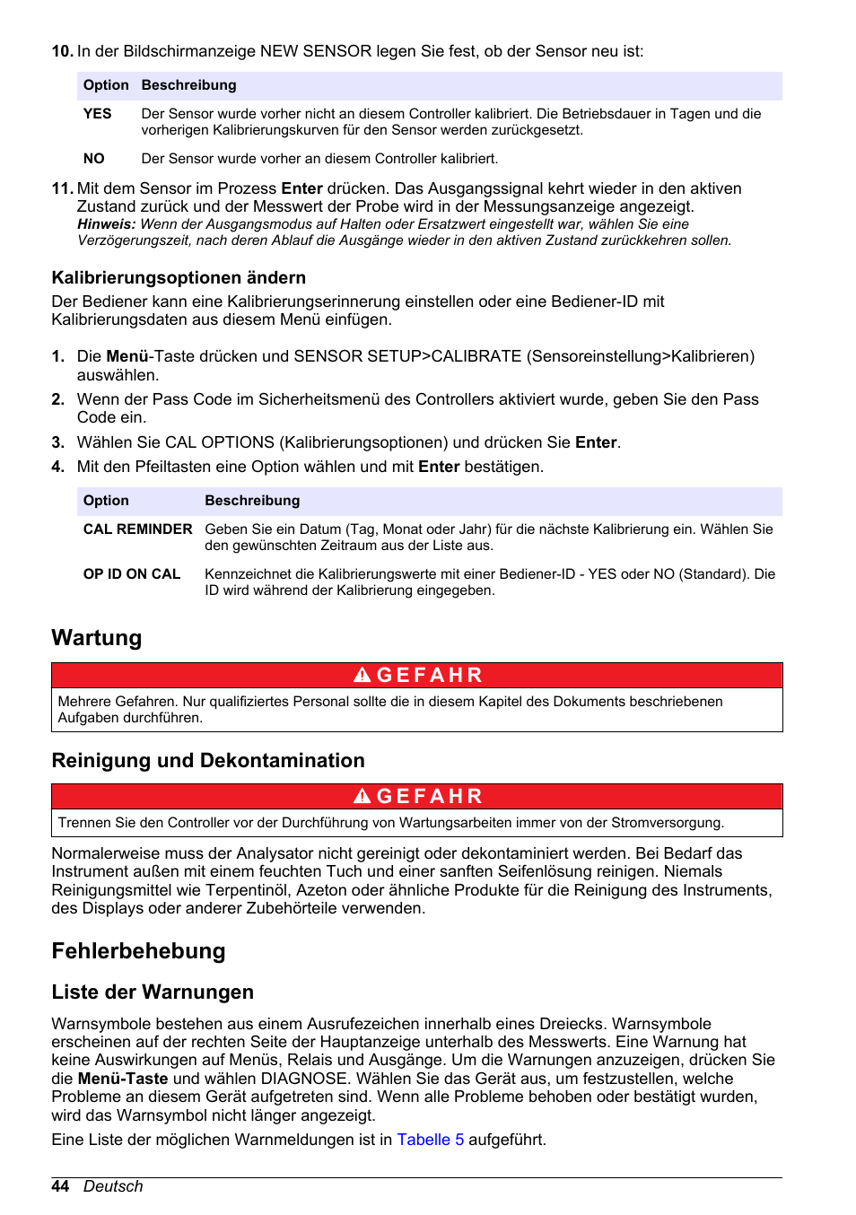 Kalibrierungsoptionen ändern, Wartung, Reinigung und dekontamination | Fehlerbehebung, Liste der warnungen | Hach-Lange POLYMETRON 9586 User Manual | Page 44 / 252