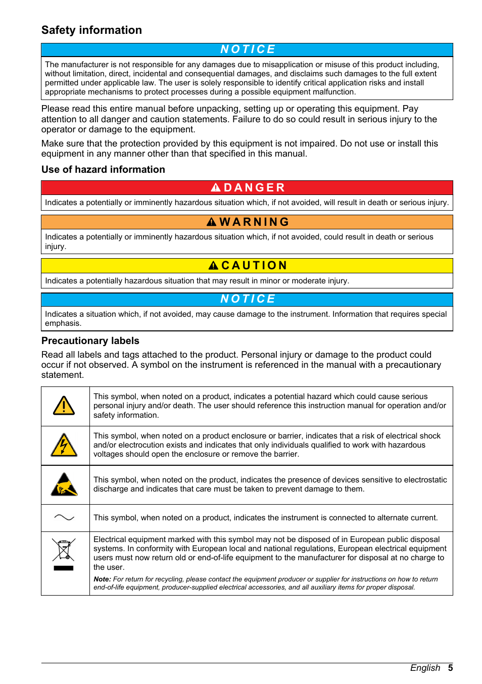 Safety information, Use of hazard information, Precautionary labels | Hach-Lange POLYMETRON 9586 User Manual | Page 5 / 252