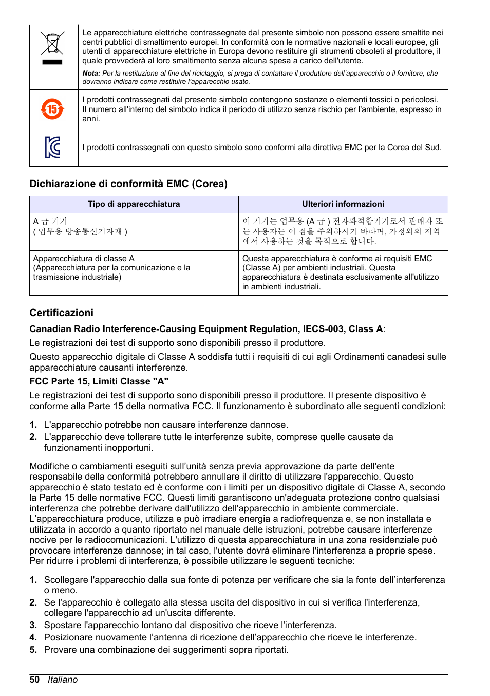 Dichiarazione di conformità emc (corea), Certificazioni | Hach-Lange POLYMETRON 9586 User Manual | Page 50 / 252