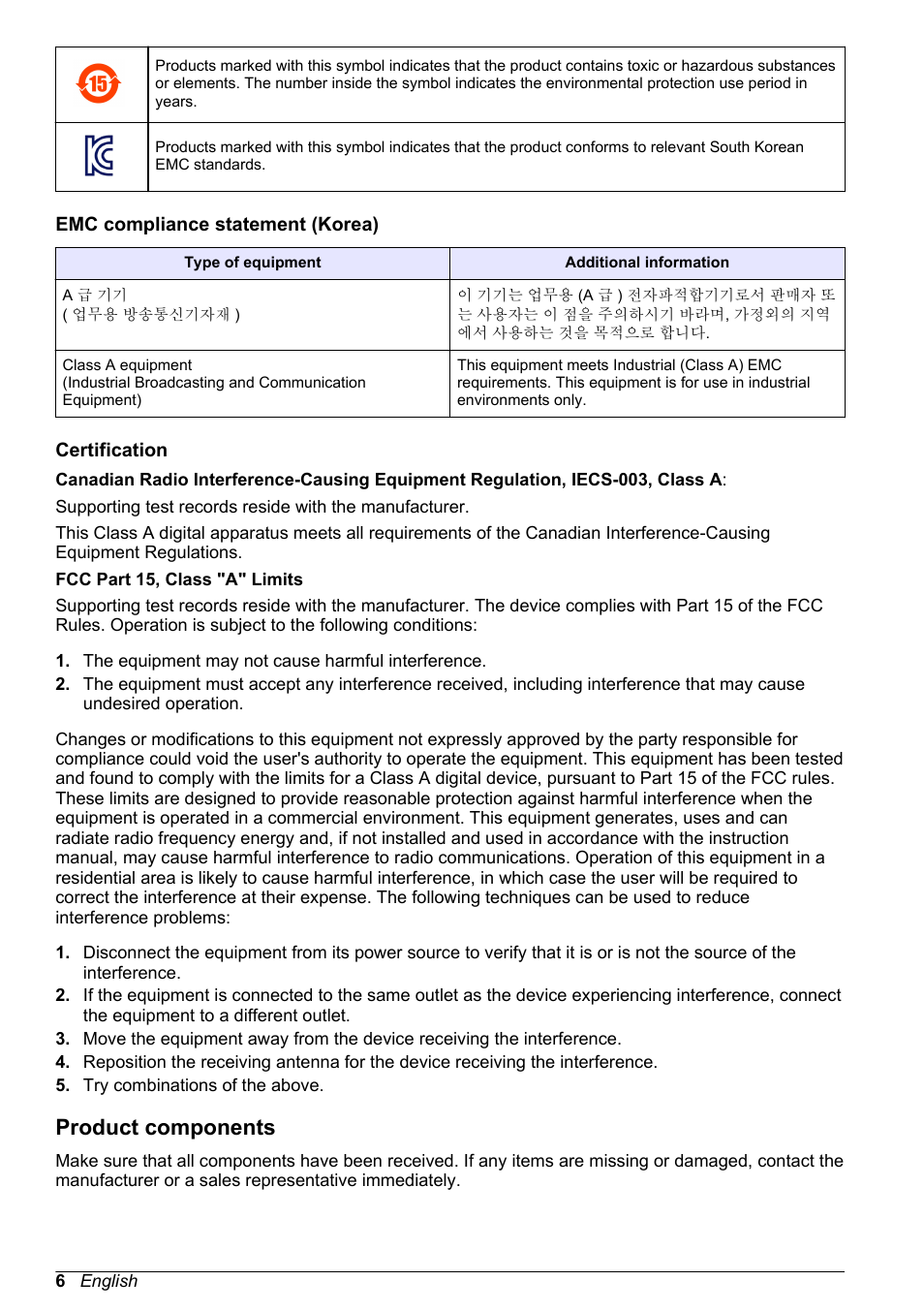 Emc compliance statement (korea), Certification, Product components | Hach-Lange POLYMETRON 9586 User Manual | Page 6 / 252