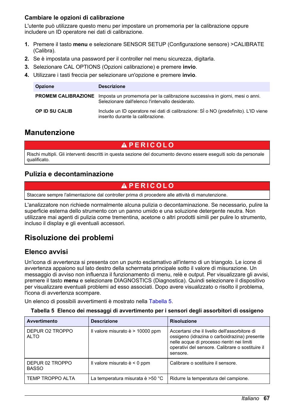 Cambiare le opzioni di calibrazione, Manutenzione, Pulizia e decontaminazione | Risoluzione dei problemi, Elenco avvisi, Digitare l'id operatore. fare riferimento a, Ulteriori informazioni, fare riferimento a, Digitare un id operatore. fare riferimento a | Hach-Lange POLYMETRON 9586 User Manual | Page 67 / 252