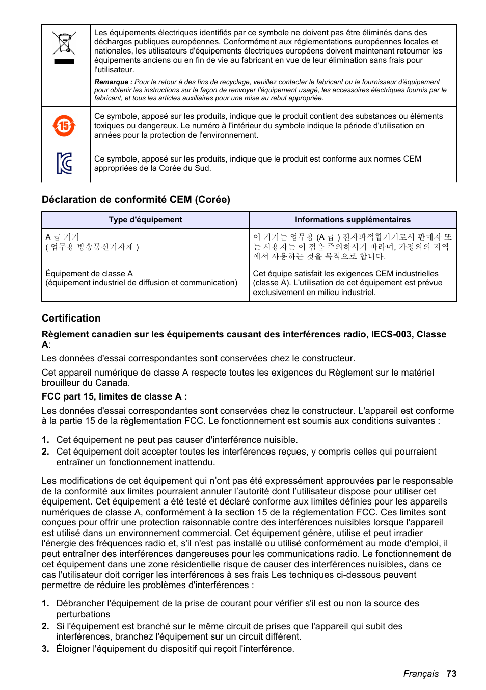 Déclaration de conformité cem (corée), Certification | Hach-Lange POLYMETRON 9586 User Manual | Page 73 / 252