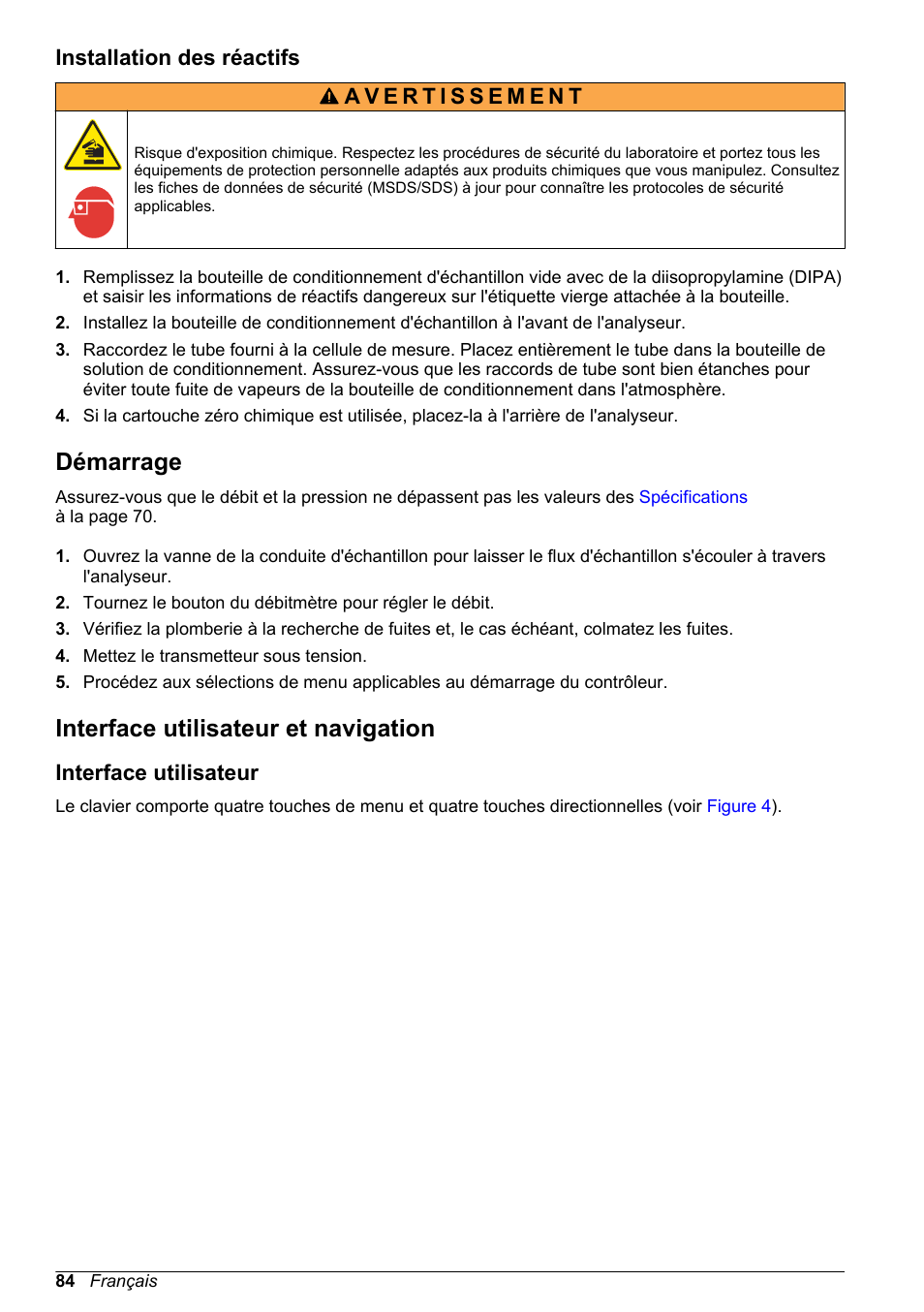 Installation des réactifs, Démarrage, Interface utilisateur et navigation | Interface utilisateur | Hach-Lange POLYMETRON 9586 User Manual | Page 84 / 252