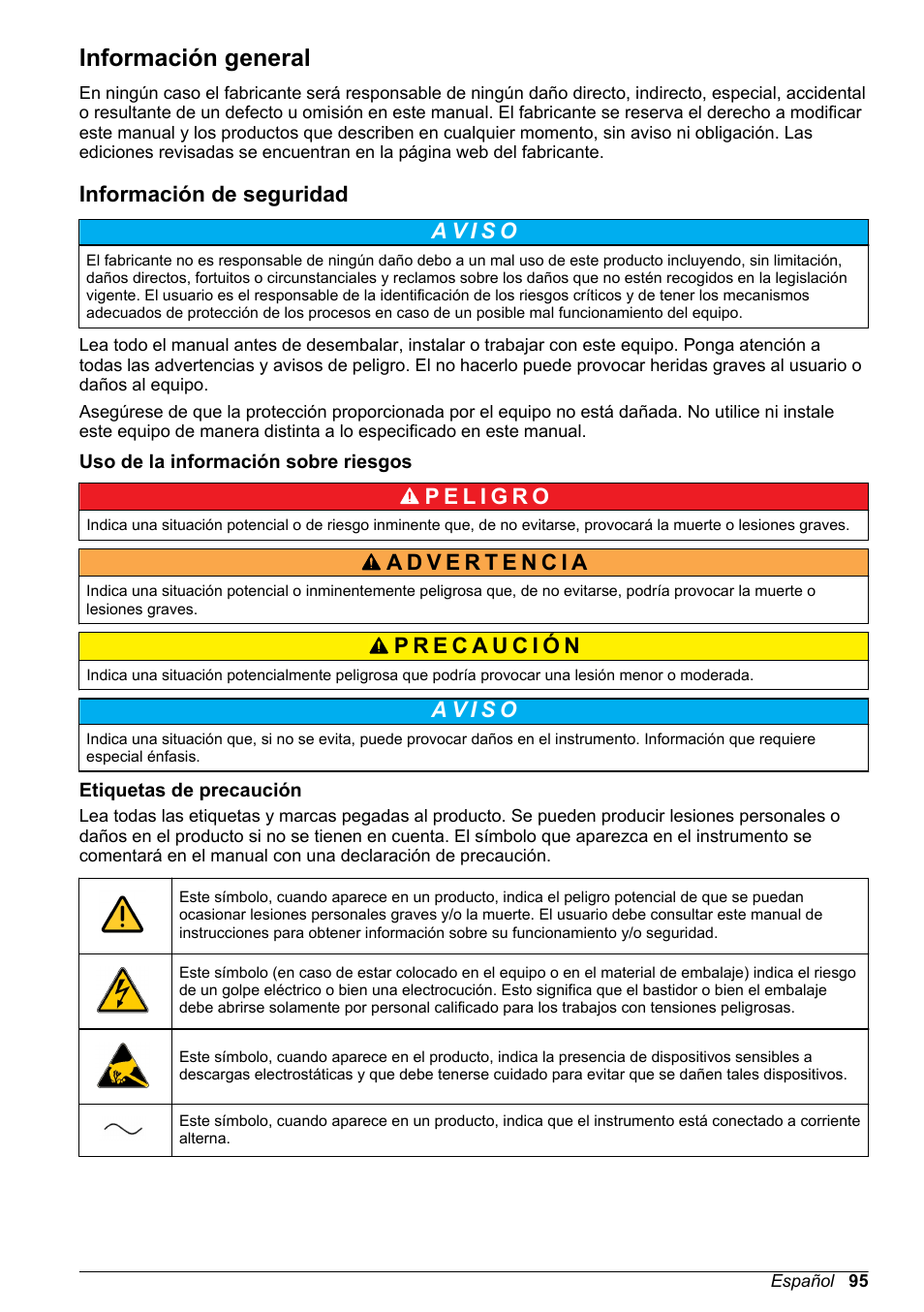 Información general, Información de seguridad, Uso de la información sobre riesgos | Etiquetas de precaución | Hach-Lange POLYMETRON 9586 User Manual | Page 95 / 252