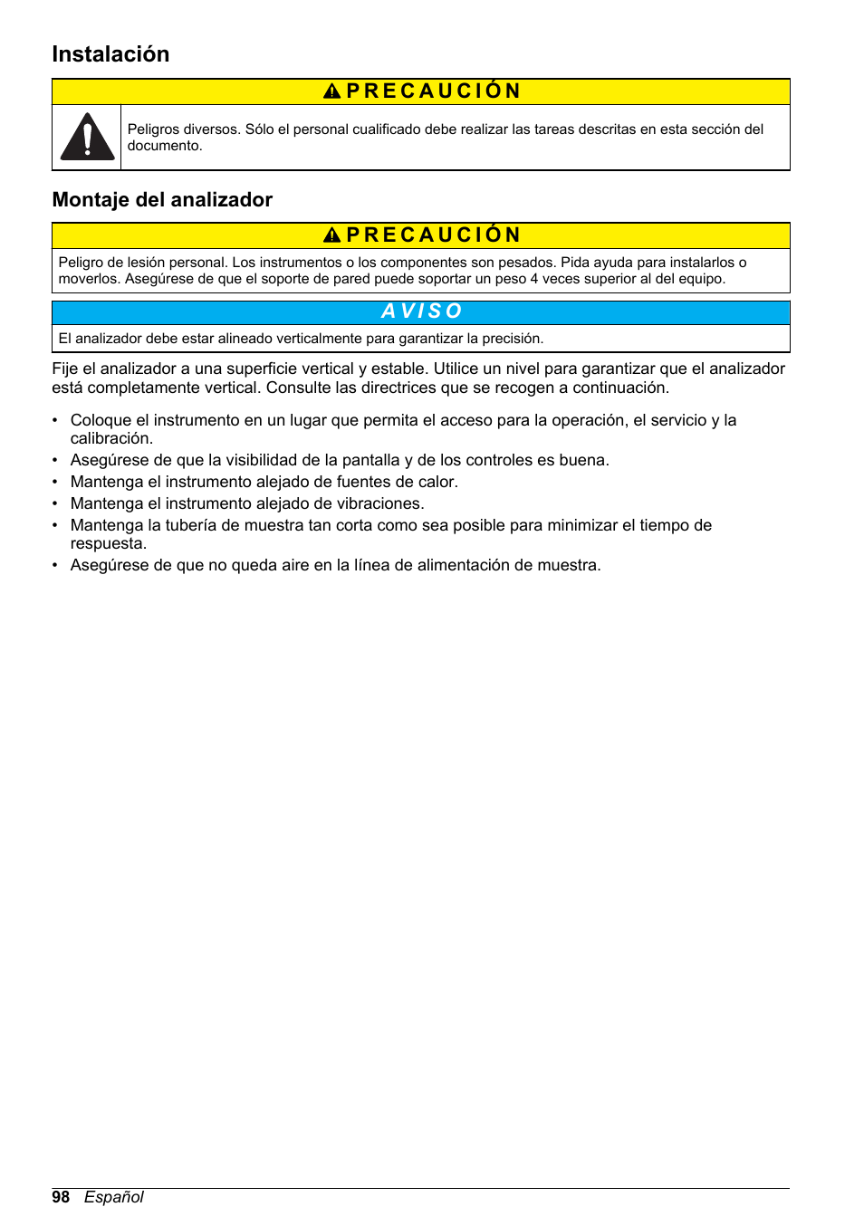 Instalación, Montaje del analizador | Hach-Lange POLYMETRON 9586 User Manual | Page 98 / 252