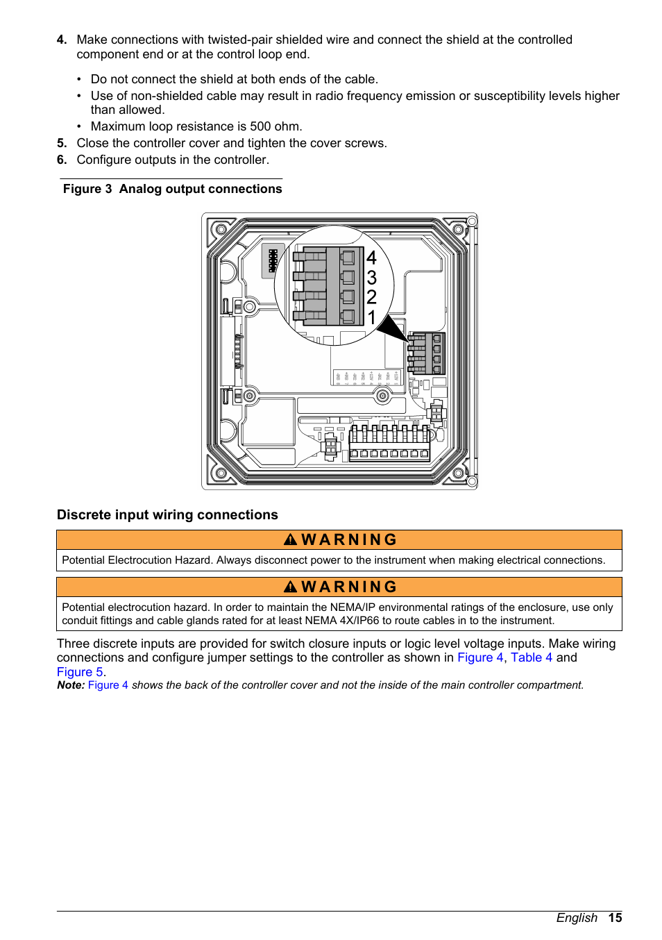 Discrete input wiring connections, Two isolated analog outputs (1 and 2) are provided, Figure 3 | Note | Hach-Lange POLYMETRON 9586 User Manual | Page 17 / 42