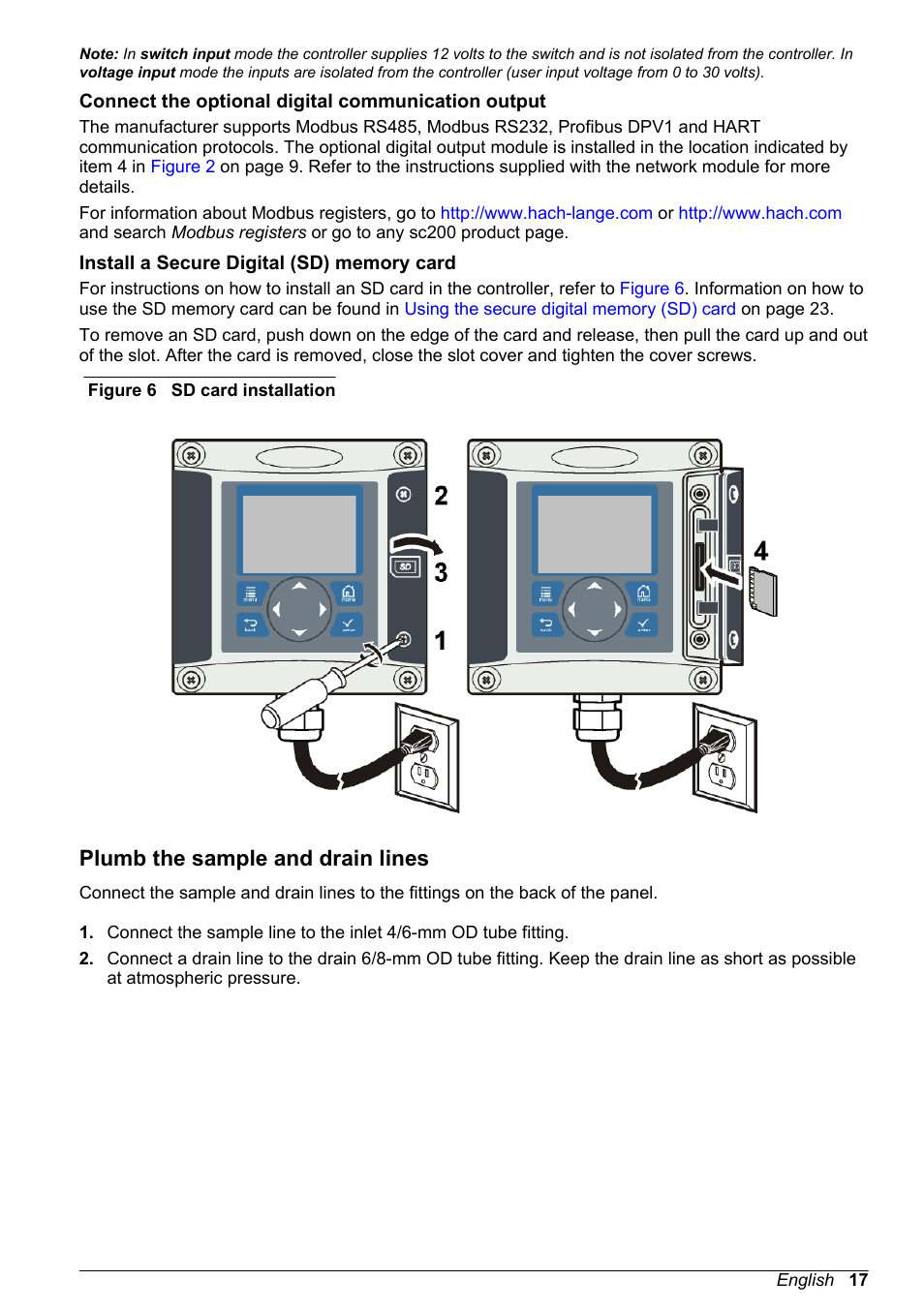 Connect the optional digital communication output, Install a secure digital (sd) memory card, Plumb the sample and drain lines | Hach-Lange POLYMETRON 9586 User Manual | Page 19 / 42