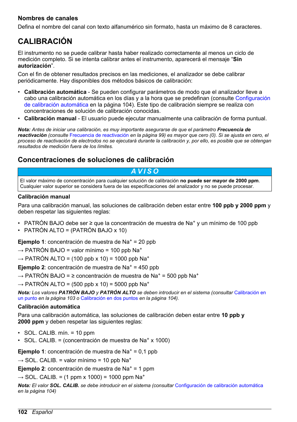 Nombres de canales, Calibración, Concentraciones de soluciones de calibración | Consulte la sección | Hach-Lange POLYMETRON 9245 Basic User Manual User Manual | Page 102 / 110