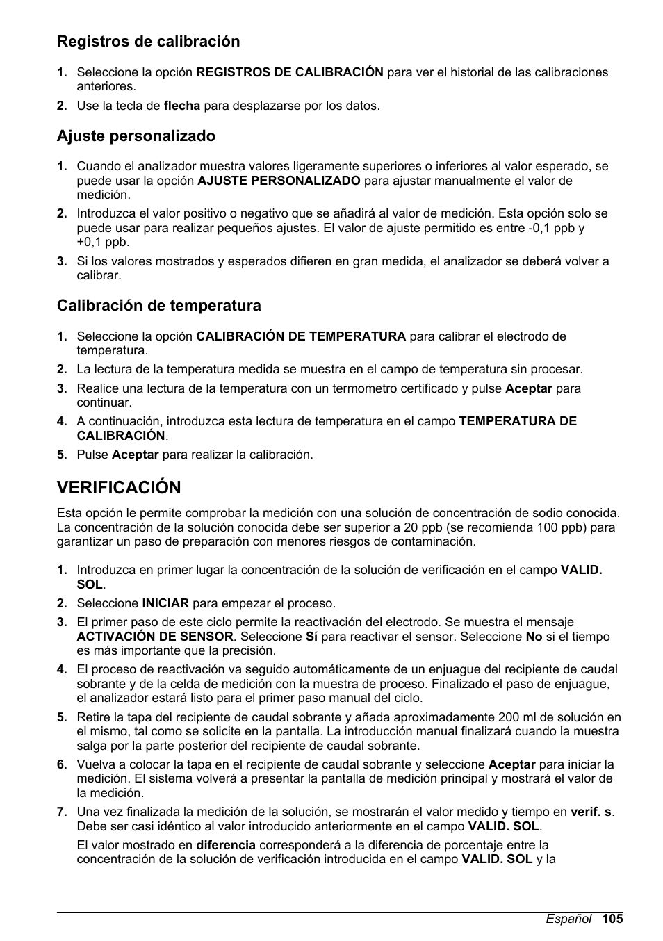 Registros de calibración, Ajuste personalizado, Calibración de temperatura | Verificación, Consulte la sección | Hach-Lange POLYMETRON 9245 Basic User Manual User Manual | Page 105 / 110