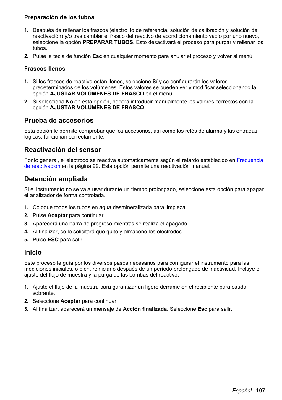 Preparación de los tubos, Frascos llenos, Prueba de accesorios | Reactivación del sensor, Detención ampliada, Inicio | Hach-Lange POLYMETRON 9245 Basic User Manual User Manual | Page 107 / 110
