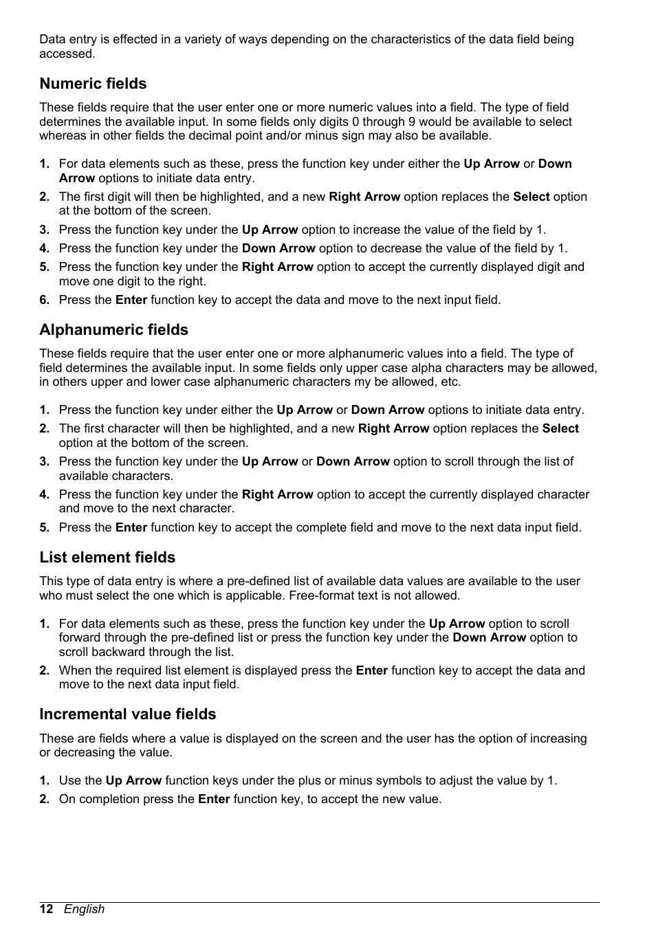 Numeric fields, Alphanumeric fields, List element fields | Incremental value fields | Hach-Lange POLYMETRON 9245 Basic User Manual User Manual | Page 12 / 110