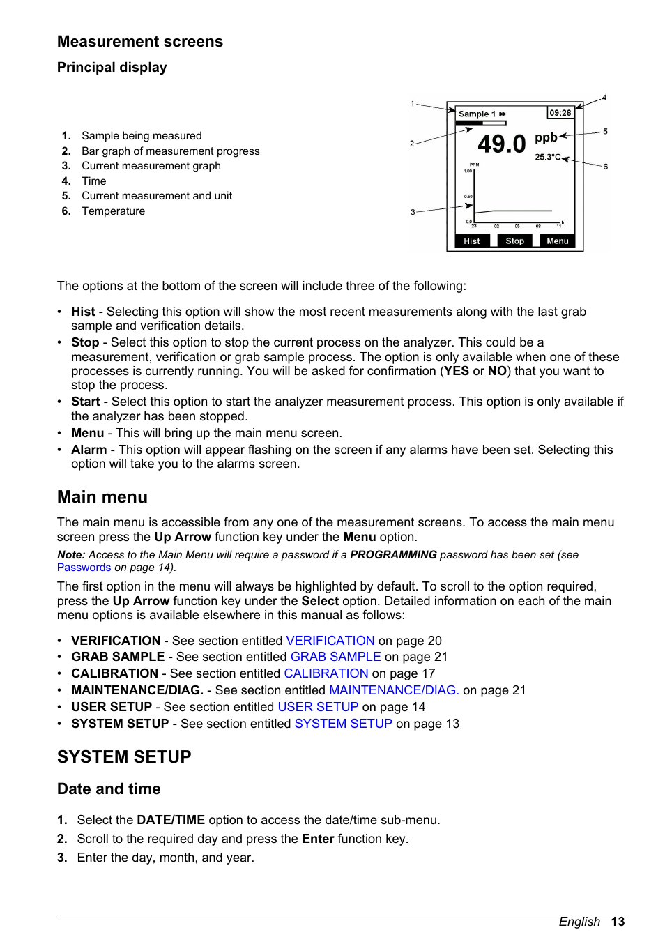 Measurement screens, Principal display, Main menu | System setup, Date and time | Hach-Lange POLYMETRON 9245 Basic User Manual User Manual | Page 13 / 110