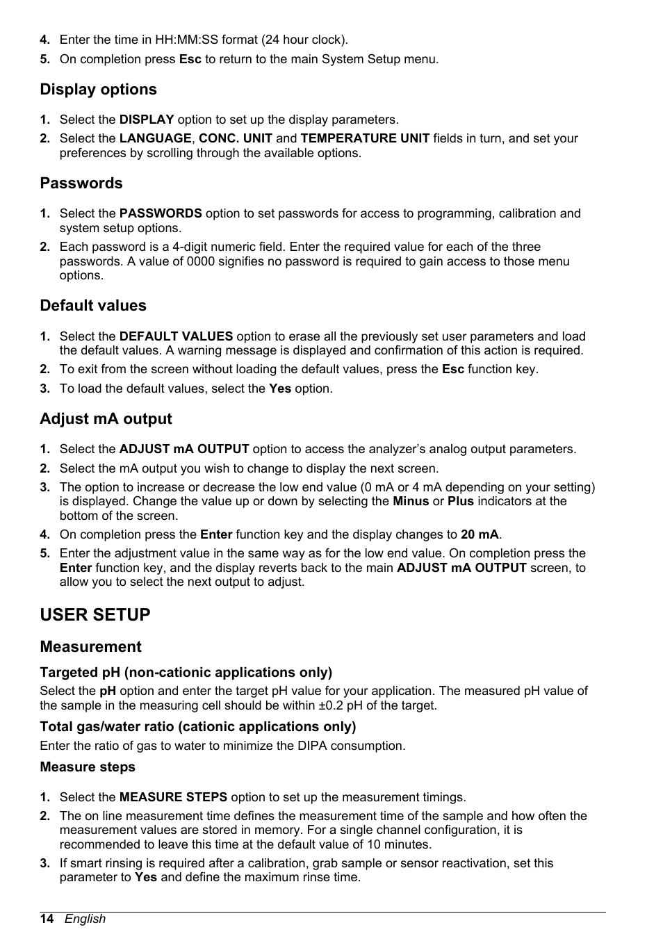 Display options, Passwords, Default values | Adjust ma output, User setup, Measurement, Targeted ph (non-cationic applications only), Measure steps, Total gas/water ratio (cationic applications only), See section entitled | Hach-Lange POLYMETRON 9245 Basic User Manual User Manual | Page 14 / 110