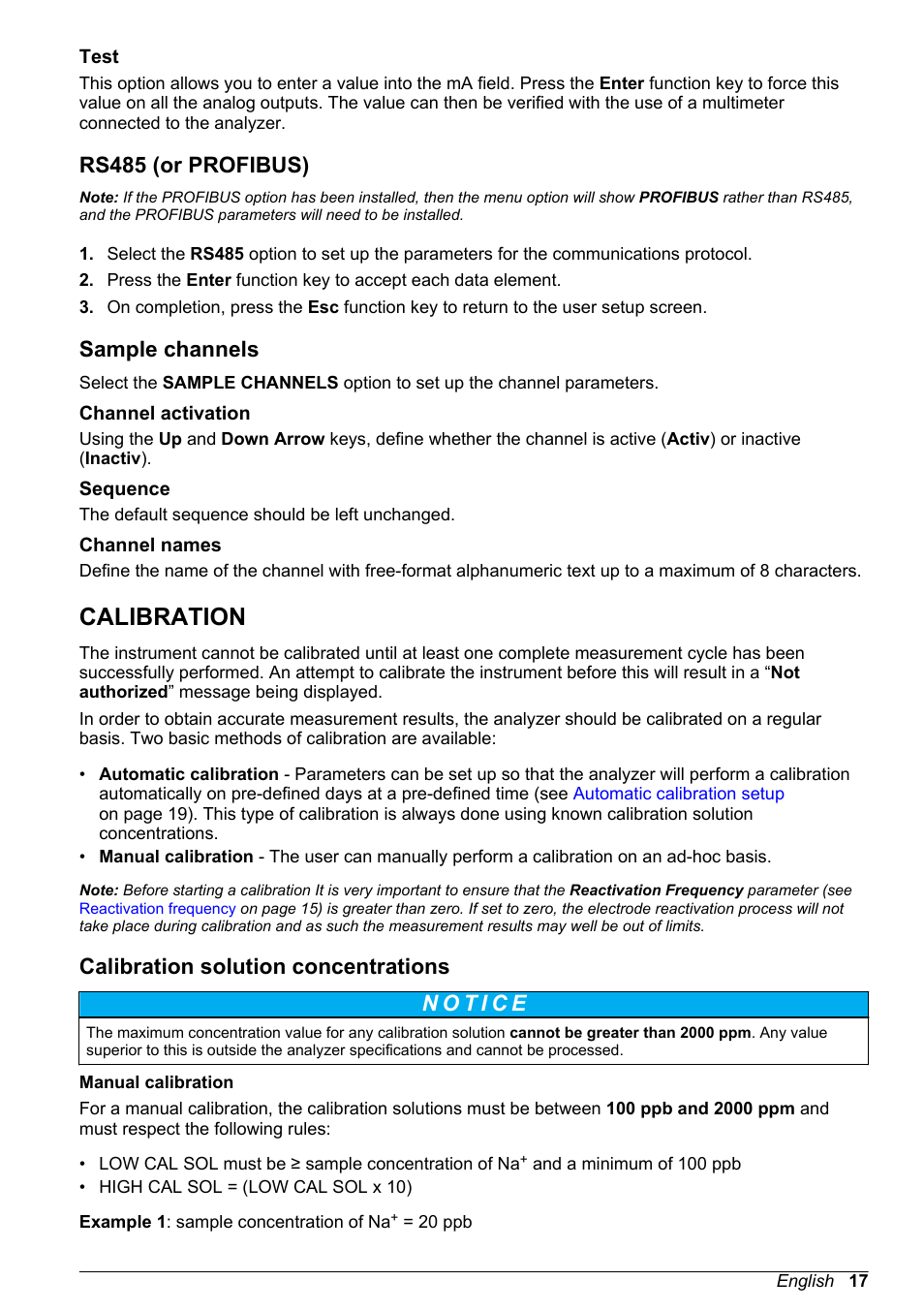 Test, Rs485 (or profibus), Sample channels | Channel activation, Sequence, Channel names, Calibration, Calibration solution concentrations, See section entitled | Hach-Lange POLYMETRON 9245 Basic User Manual User Manual | Page 17 / 110