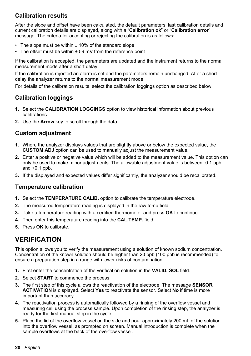 Calibration results, Calibration loggings, Custom adjustment | Temperature calibration, Verification, See section entitled | Hach-Lange POLYMETRON 9245 Basic User Manual User Manual | Page 20 / 110