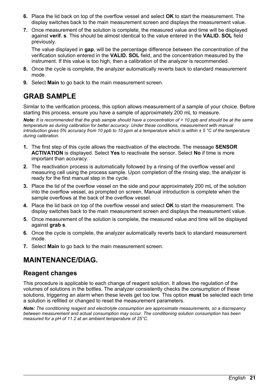 Grab sample, Maintenance/‍diag, Reagent changes | See section entitled, Maintenance/diag | Hach-Lange POLYMETRON 9245 Basic User Manual User Manual | Page 21 / 110