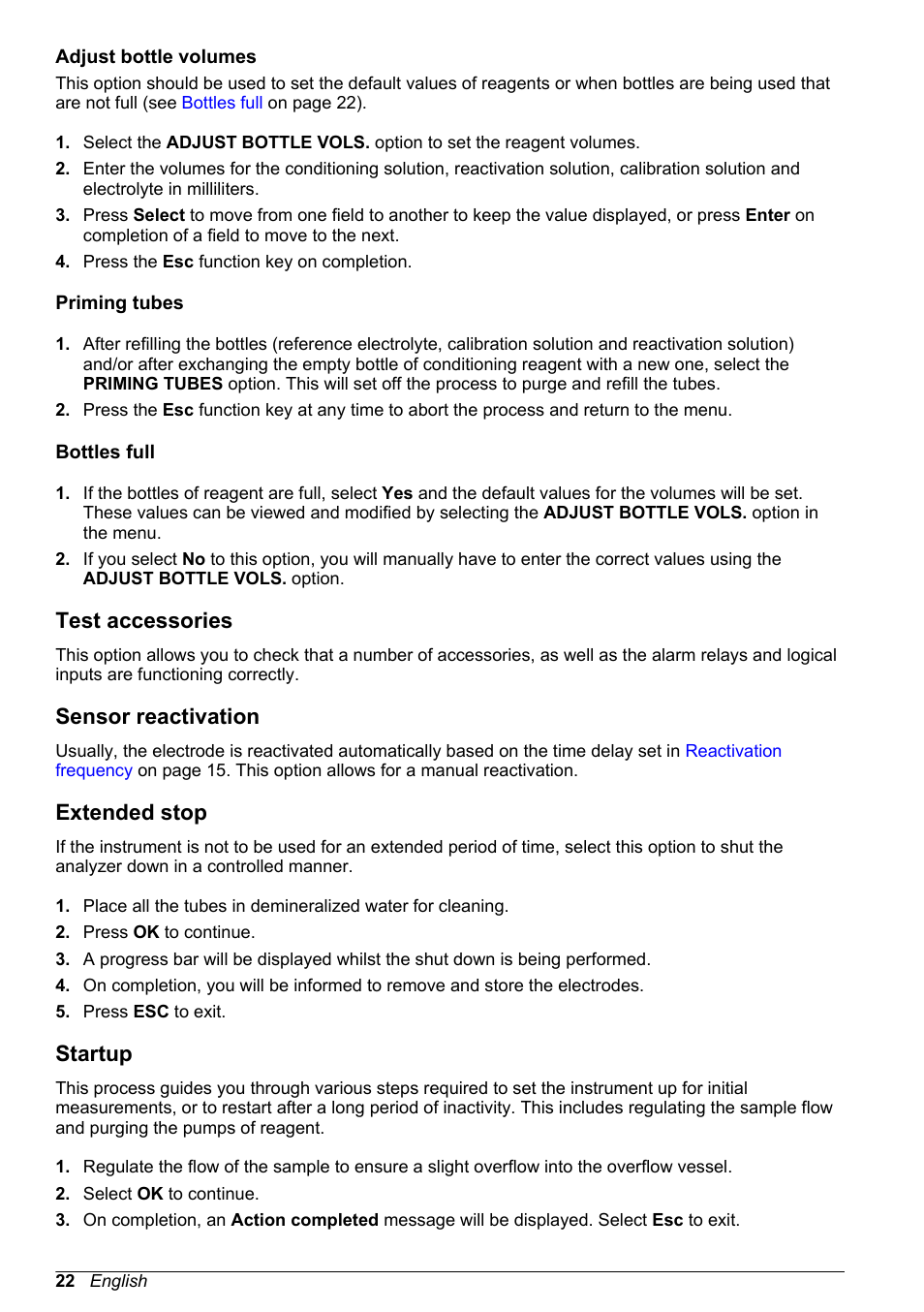 Adjust bottle volumes, Priming tubes, Bottles full | Test accessories, Sensor reactivation, Extended stop, Startup | Hach-Lange POLYMETRON 9245 Basic User Manual User Manual | Page 22 / 110