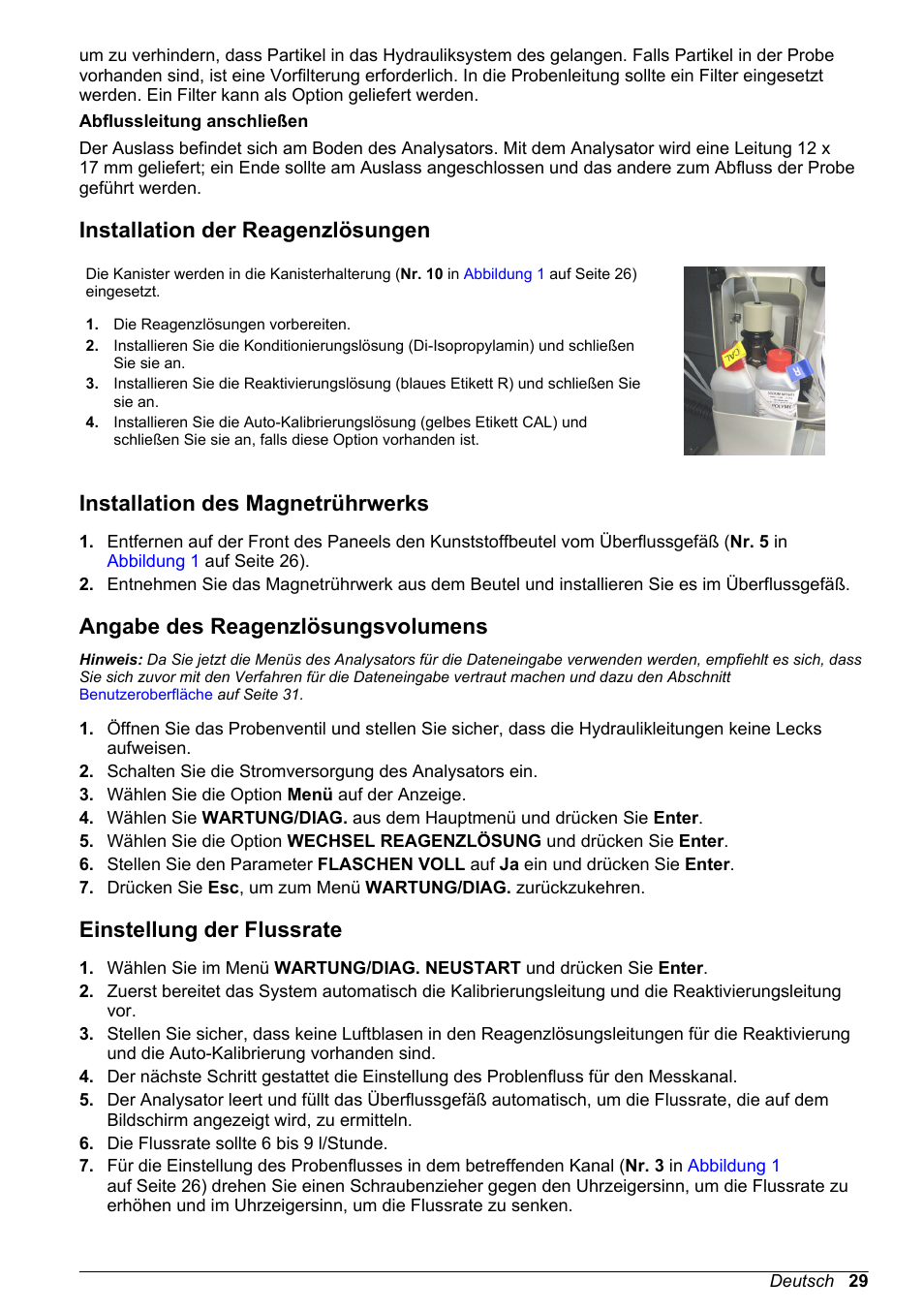 Installation der reagenzlösungen, Installation des magnetrührwerks, Angabe des reagenzlösungsvolumens | Einstellung der flussrate | Hach-Lange POLYMETRON 9245 Basic User Manual User Manual | Page 29 / 110